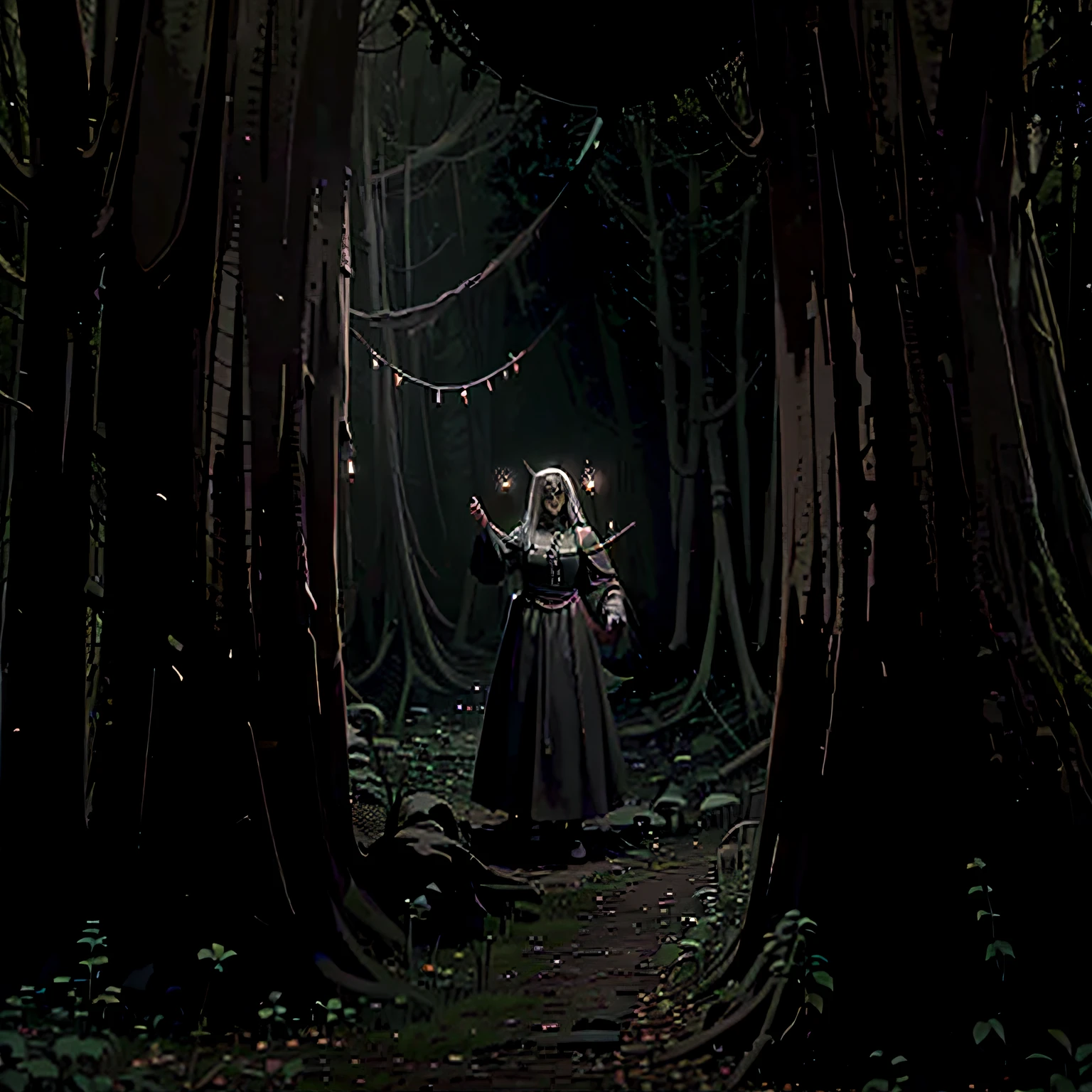 Witches in a ritual in the forest, macabre scenery