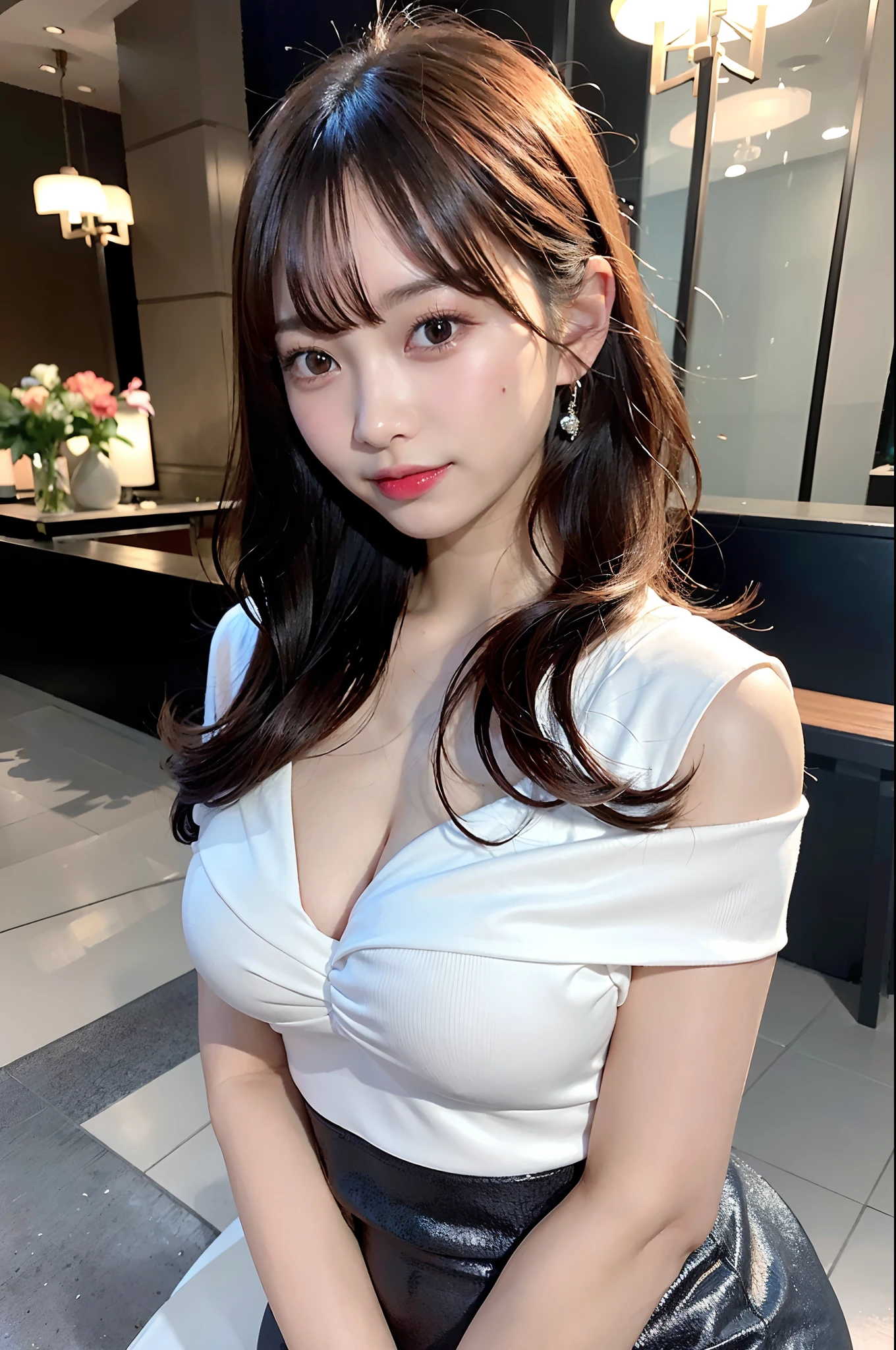 Breast Exposure, 8k, (Original Photo), (Best Quality), (Photo Realism: 1.4), Black Clothes, Realistic Skin Texture 1girl, cute, double eyelids, bangs, full body, petite, thin legs, (slim body), slim, smile, headgear, earrings, necklace, looking at the audience, facial focus, depth of field, club, (bust lens: 1), bokeh,,