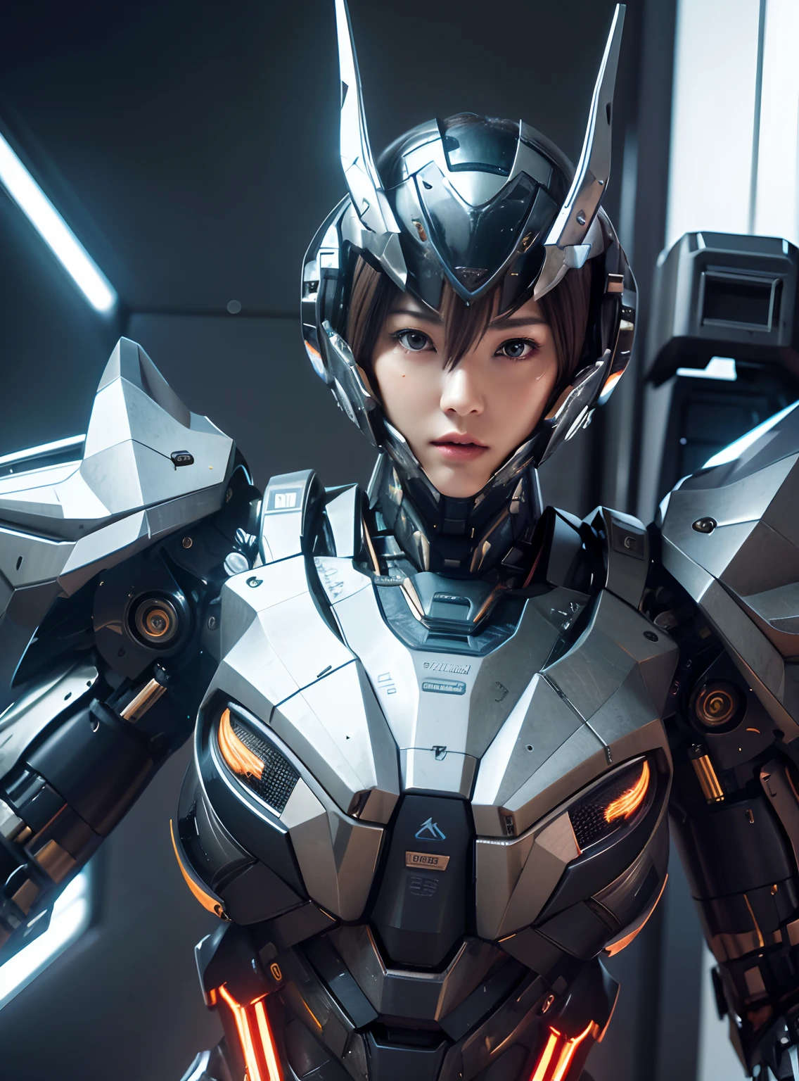 Textured skin, Super Detail, high details, High quality, Best Quality, hight resolution, 1080p, hard disk, Beautiful,(War Machine),beautiful cyborg woman,Mecha Cyborg Girl,Battle Mode,Girl with a Mecha Body,She wears a futuristic war machine weapon mech,Fulll body Shot