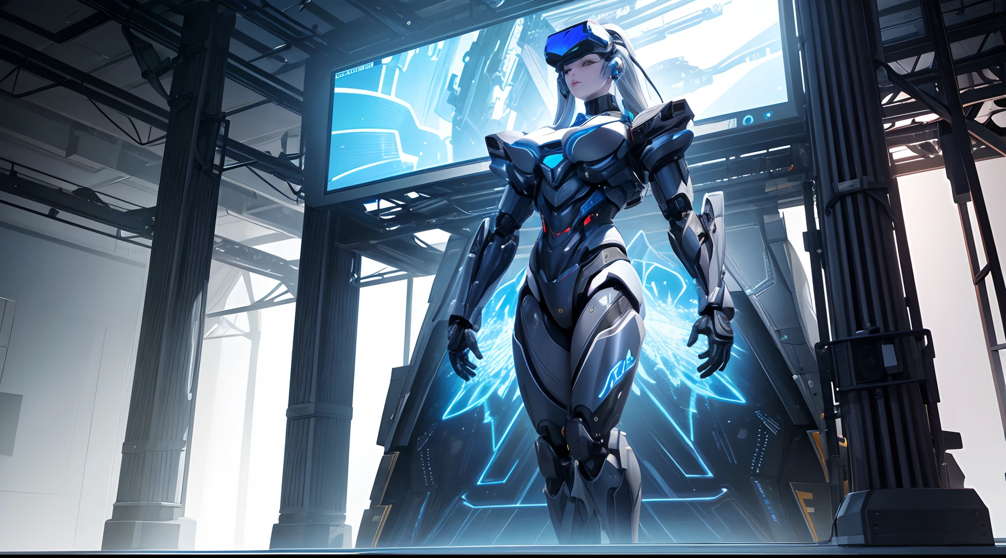 A mesmerizing display of a large-scale, multi-modal model and a humanoid robot integrated into an immersive virtual reality environment. The model and robot immerse the viewer in a digital world filled with stunning visuals, interactive elements, and futuristic interfaces..., 8K,high definition resolution