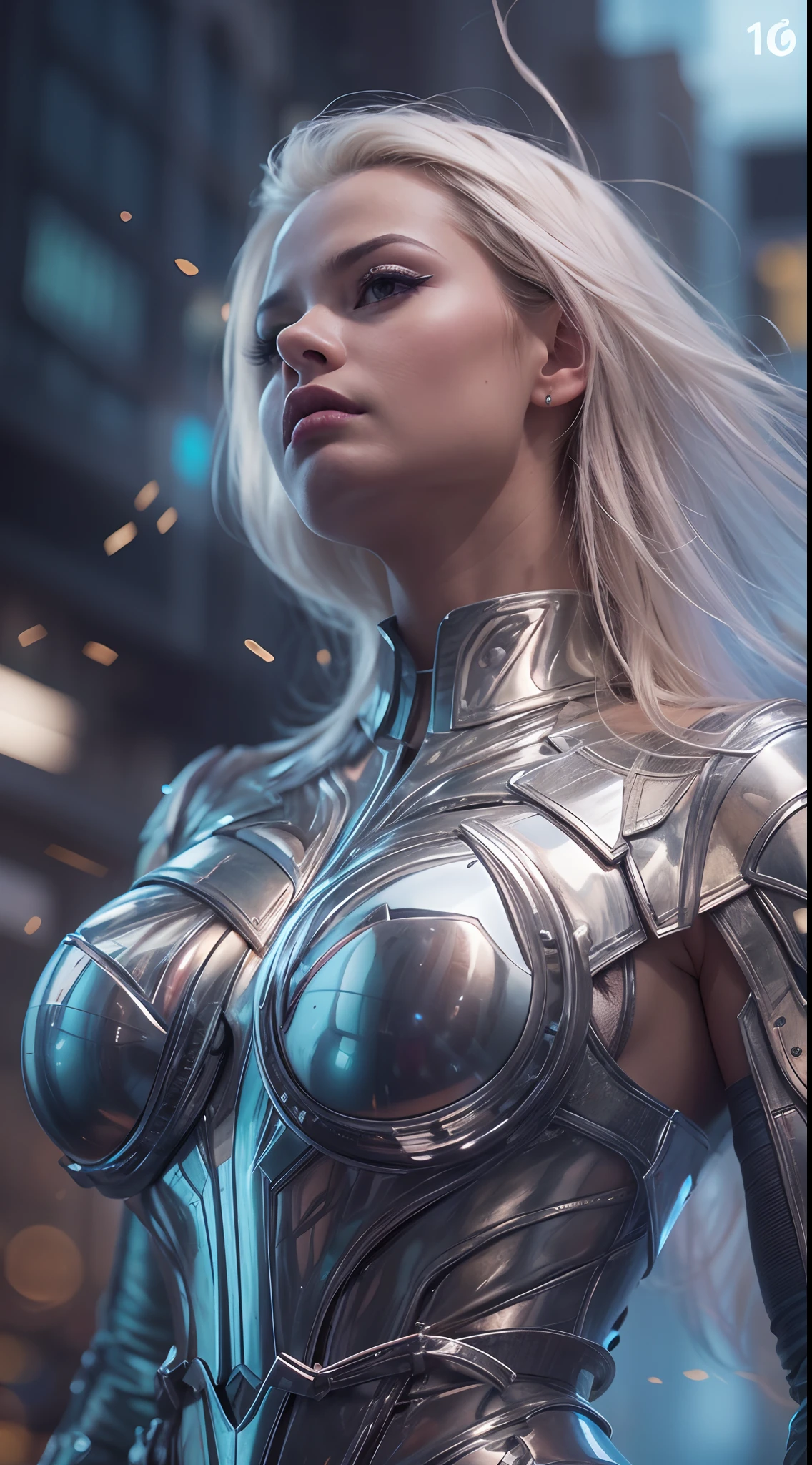 otherworldly powerful action low angle full length shot of a superheroine with stylish silver light glitter armour and high boots and long platinum blonde hair and bright eyes ready to fly in a futuristic city in the style of Artgerm, stunning, floating hair, visible belly button, thunderstorm and lightning, stones rising up under her feet, view from her feet, intentional camera movement, visually mind-blowing, photograph taken by fujifilm XT-4, f/1.8 lens, tilt-shift lens, tilt angle perspective, award-winning photography, breathtaking beauty, magic powerful atmosphere, graceful, ethereal, feminine pose, perfect fit body, alluring, scandalous and flirty, dreamy, muse, ethereal soft lighting, hyper-detailed, beautifully color-coded, photorealistic, soft shadows, clean sharp focus, depth of field, dynamic angle, dynamic movement, mesmerizing and dynamic composition, beautiful bokeh --ar 9:16 --s 1000 --c 10  --q 2 --v 5.1 --style raw