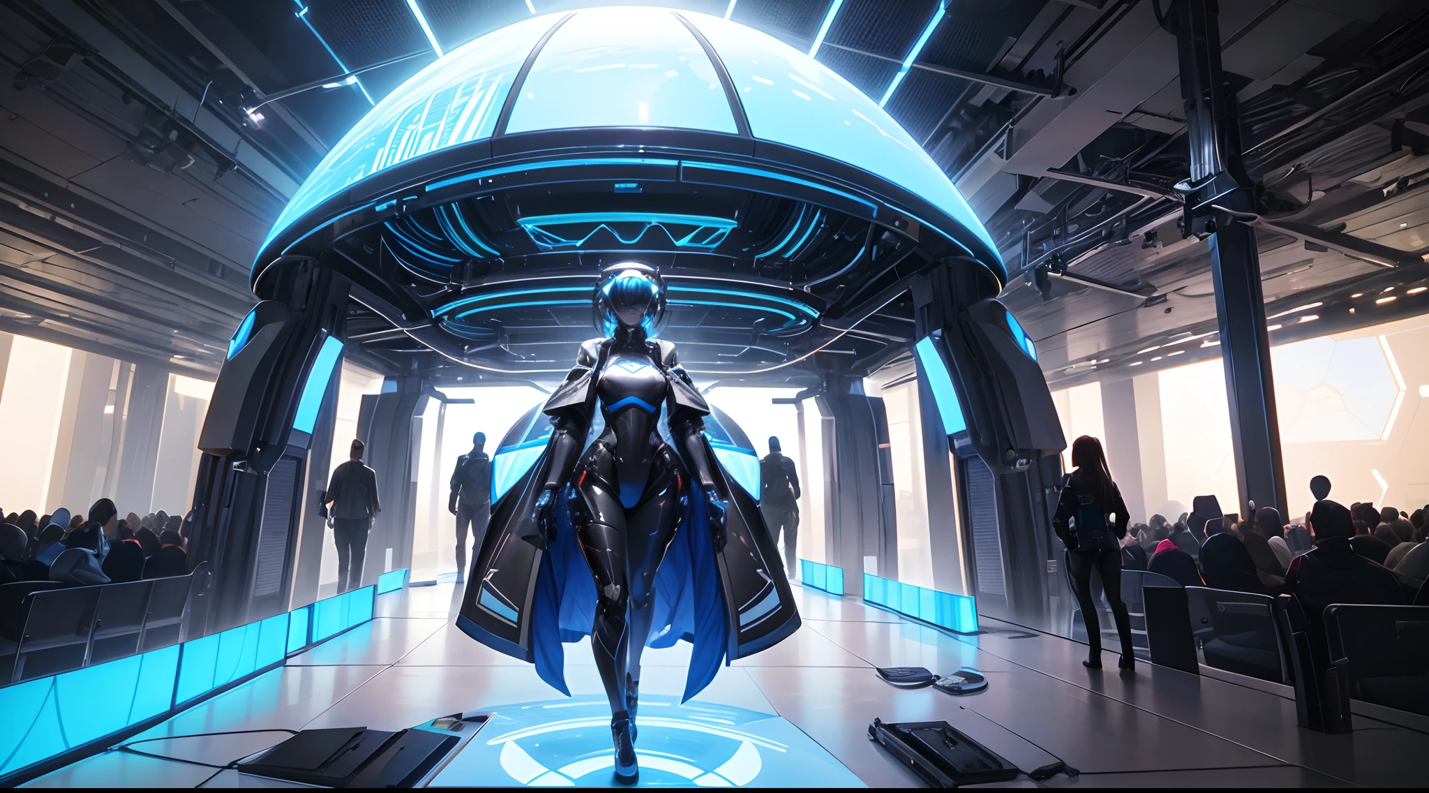 A mesmerizing display of a large-scale, multi-modal model and a humanoid robot integrated into an immersive virtual reality environment. The model and robot immerse the viewer in a digital world filled with stunning visuals, interactive elements, and futuristic interfaces..., 8K,high definition resolution