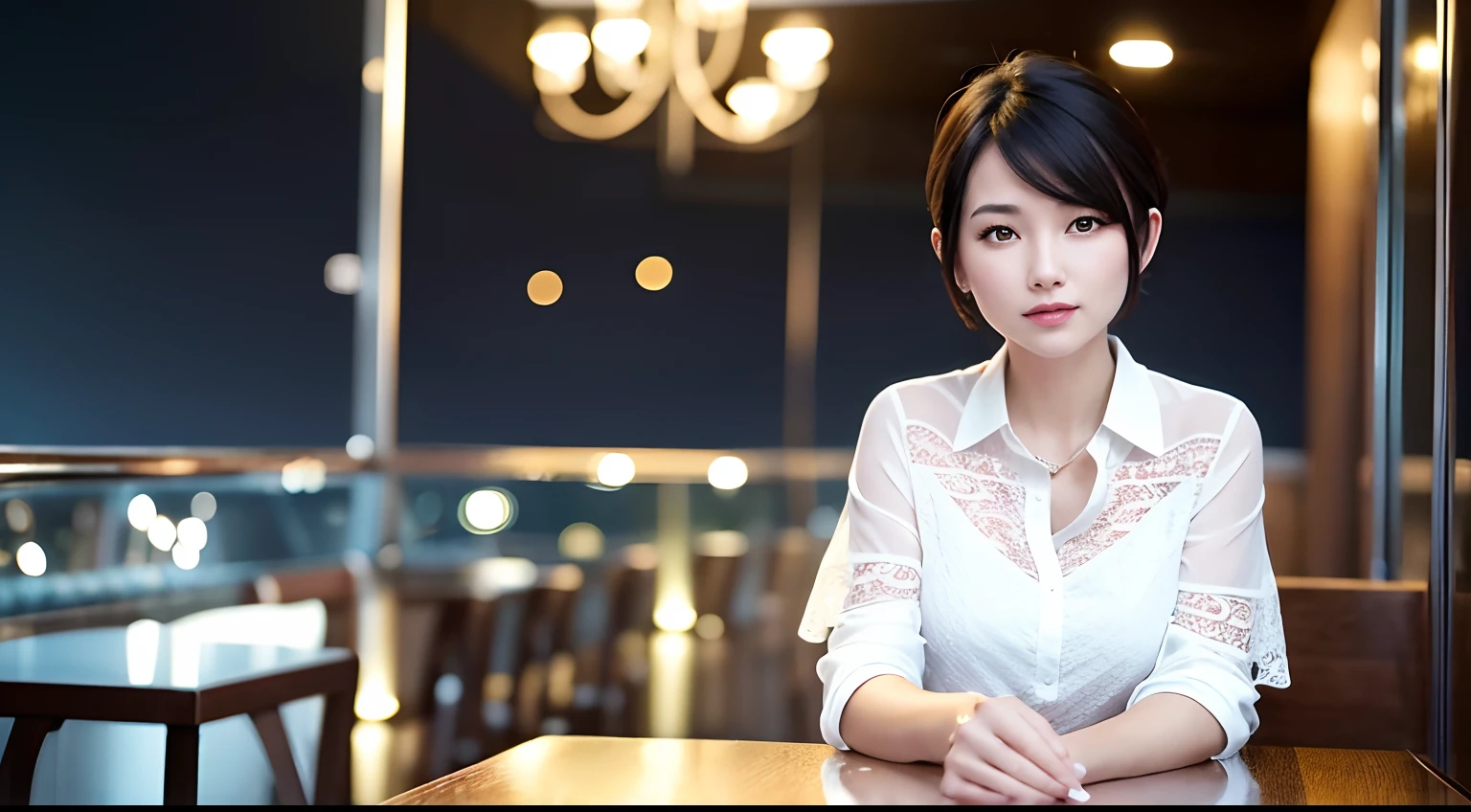 (8k, Best Quality, Masterpiece: 1.2), (Realistic, Photorealistic: 1.37), Super Detailed, 1 Girl, Cute, Alone, Beautiful Detailed Sky, Detailed Cafe, Night, Sitting, Date, ( Nose blush), (smile: 1.15), (close mouth) small breasts, beautiful details, (collared shirt: 1.1), night, wet, business wear, rain, white lace, (short hair: 1.2), floating Hair NovaFrogStyle,