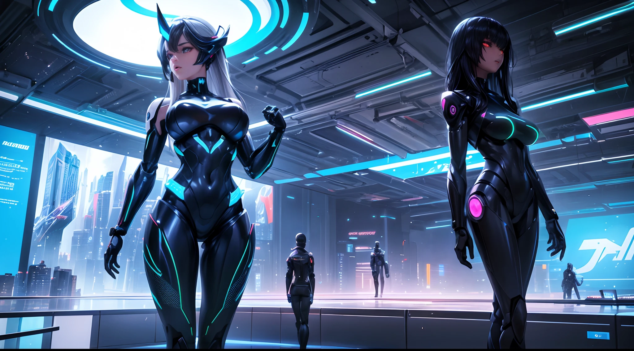 An awe-inspiring display of a large-scale, multi-modal model and a humanoid robot merging in a futuristic cityscape. The model and robot showcase sleek and futuristic designs, with smooth surfaces, holographic displays, and neon lights that create a futuristic and immersive atmosphere., 8K,high definition resolution