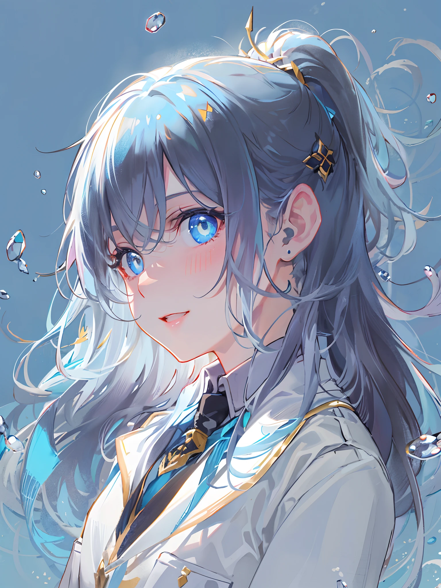 ((top-quality)), ((masterpiece)), ((ultra-detailliert)), (Extremely delicate and beautiful), girl with, 独奏, cold attitude,((Black jacket)),She is very(relax)with the(Settled down)Looks,A dark-haired, depth of fields,Evil smile,Bubble, under the water, Air bubble,bright light blue eyes,inner color with bright gray hair and light blue tips,,,,,,,,,,,,,,Cold background,Bob Hair - Linear Art, shortpants、knee high socks、White uniform like school uniform、Light blue ribbon ties、Clothes are sheer、Hands in pockets、Bright eyes like sapphire,Fronllesse Blue, A small blue light was floating、Upper Eyes、glass shards、Snowflake Hair Ornament