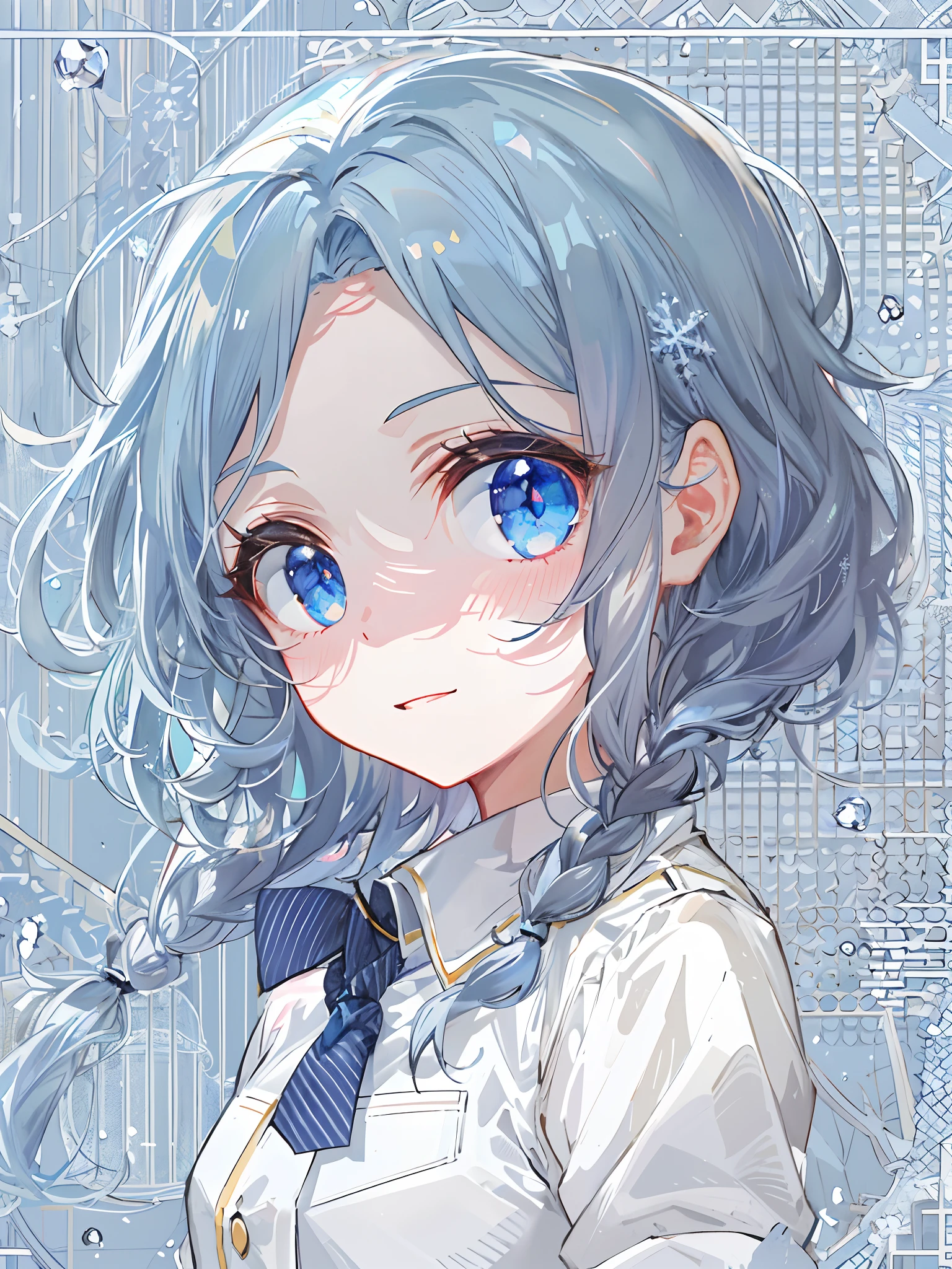 ((top-quality)), ((masterpiece)), ((ultra-detailliert)), (Extremely delicate and beautiful), girl with, 独奏, cold attitude,((Black jacket)),She is very(relax)with the(Settled down)Looks,A dark-haired, depth of fields,Evil smile,Bubble, under the water, Air bubble,bright light blue eyes,inner color with bright gray hair and light blue tips,,,,,,,,,,,,,,Cold background,Bob Hair - Linear Art, shortpants、knee high socks、White uniform like school uniform、Light blue ribbon ties、Clothes are sheer、Hands in pockets、Bright eyes like sapphire,Fronllesse Blue, A small blue light was floating、Upper Eyes、glass shards、Snowflake Hair Ornament