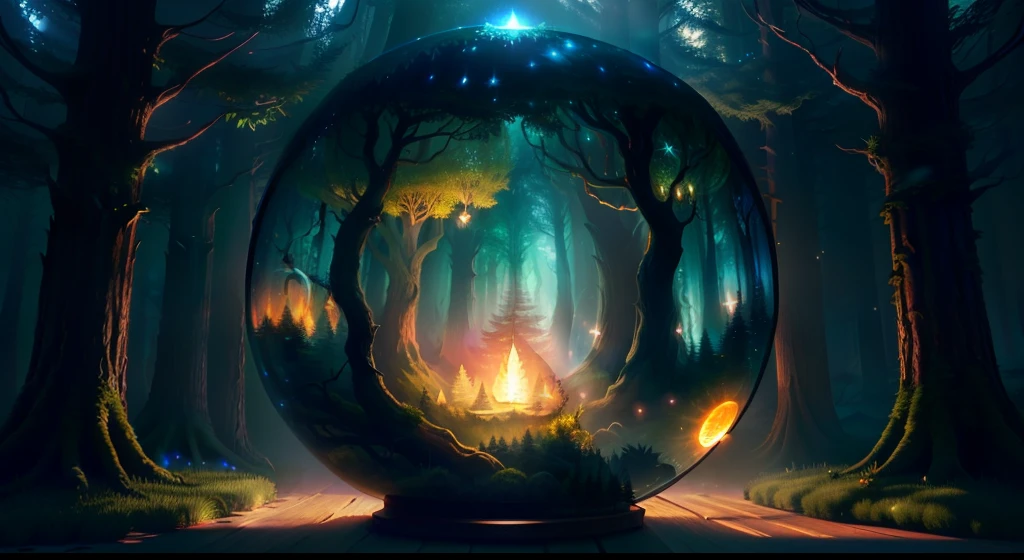a round window with a forest scene inside it, forest portal, magical forest backround, enchanted magical fantasy forest, magical forest background, magical fantasy forest, a beautiful artwork illustration, 3 d render stylized, calm night. digital illustration, fantasy forest background, magical forest with fireflies, graphic of enchanted terrarium, enchanted and magic forest, magical portal gateway