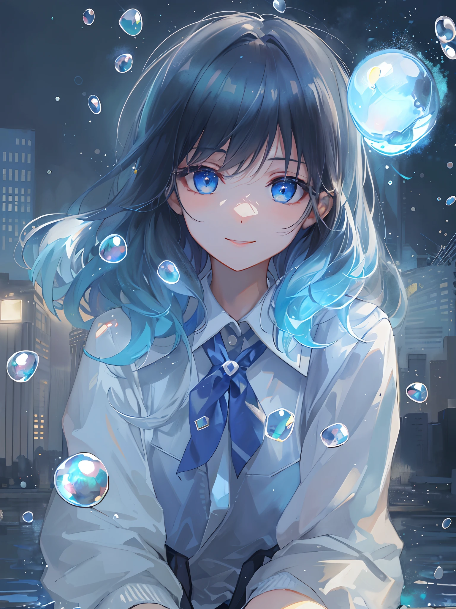 ((top-quality)), ((​masterpiece)), ((ultra-detailliert)), (Extremely delicate and beautiful), girl with, 独奏, cold attitude,((Black jacket)),She is very(relax)with  the(Settled down)Looks,A dark-haired, depth of fields,Evil smile,Bubble, under the water, Air bubble,bright light blue eyes,inner color with bright gray hair and light blue tips,,,,,,,,,Cold background,Bob Hair - Linear Art, shortpants、knee high socks、White uniform like school uniform、Light blue ribbon ties、Clothes are sheer、Hands in pockets、Bright eyes like sapphire,Fronllesse Blue, A small blue light was floating、Upper Eyes、foodie