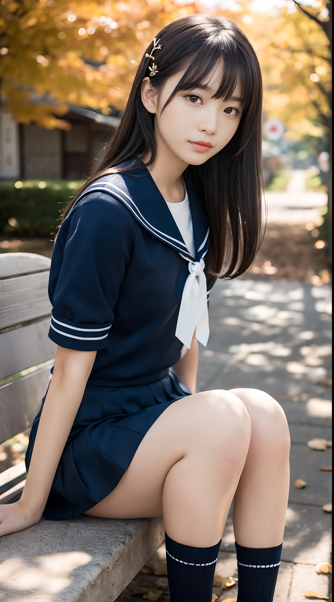 (Official art、Best Quality、Unity 8k Wallpapers、32K、masterpiece、ultra-detailliert、超A high resolution、realisitic、Photorealsitic、Raw photo:1.2)、(Cinematic lighting:1.2)、(Full body)、Fireglow effect、film grains、Best Shadows、Rim lighting、side lights、Full body, blurry backround、beauitful face、(super detailed skin、detailed skin textures:1.3)、In a large building、A bench is placed under the tree in front of you, japanese high school, autum, gunma prefecture, masterpiece, during autumn, Monokubo, Vivid colors!, october, Historical setting, tochigi prefecture, in autumn, School, beautiful image, In Karuizawa、(outside of house、Floral hair ornament、beauty legs)、thighs thighs thighs thighs、18-year-old beautiful girl、Beautiful black color hair、Blunt bangs、a sailor suit、Dark blue pleated skirt、white sock、dynamicposes