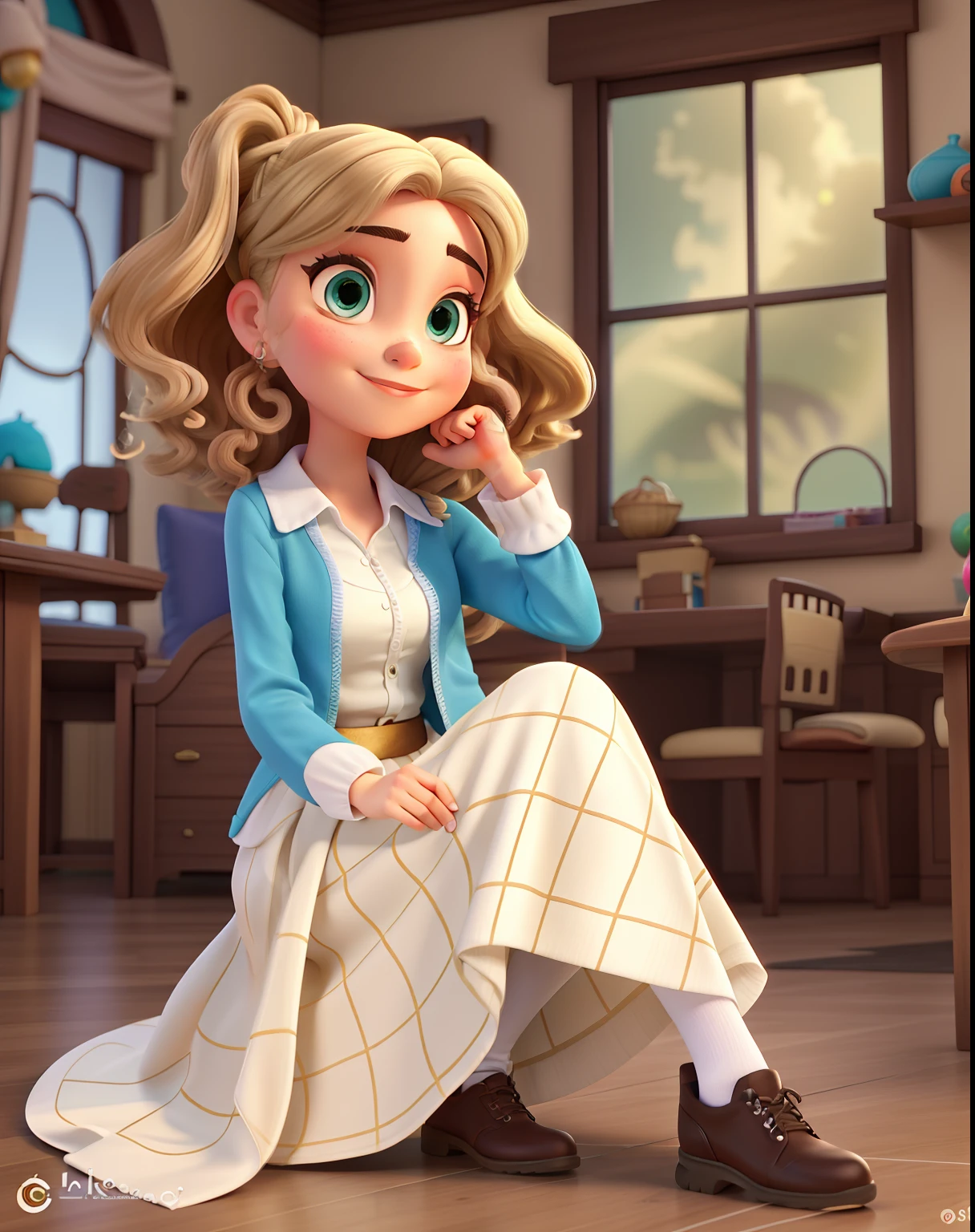 Uma mulher alta Disney cabelo para o lado direito no ombro castanho escuro olhos castanhos escuro com sobremesa