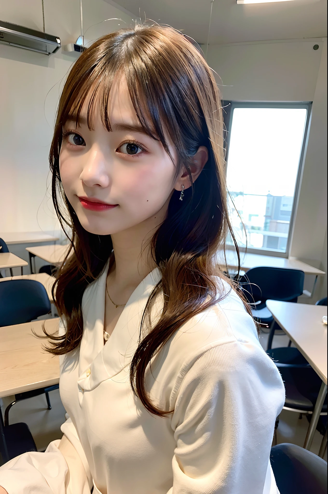 (top-quality、8K、32K、masuter piece、nffsw:1.2)、profile、(slim figure:1.2)、(s lips) 、二重まぶた、shinny skin、Realistic rays、mare、beauitful face、(Light smile:1.3)、White teeth、(a closeup:1.4)、blurry backround、(Front Focus)、(Dark: 1.6)、Fantasy Art、photoRealstic、Professional Lighting、extra detailed face、Award-winning、deep-shadows、school classrooms、hi-school girl、high-school uniform