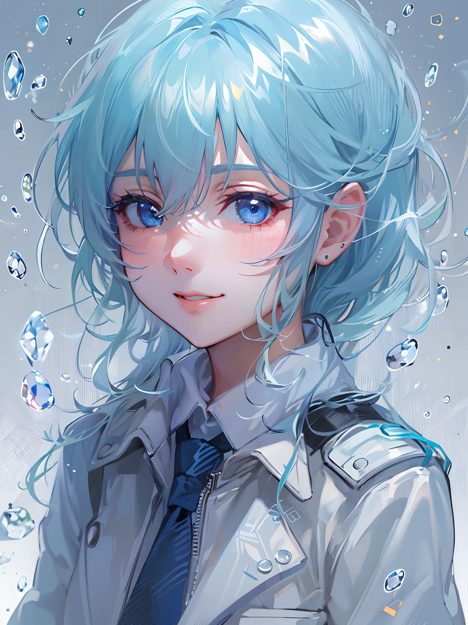 ((top-quality)), ((masterpiece)), ((ultra-detailliert)), (Extremely delicate and beautiful), girl with, 独奏, cold attitude,((Black jacket)),She is very(relax)with the(Settled down)Looks,A dark-haired, depth of fields,Evil smile,Bubble, under the water, Air bubble,bright light blue eyes,inner color with bright gray hair and light blue tips,,,,,,,,,,Cold background,Bob Hair - Linear Art, shortpants、knee high socks、White uniform like school uniform、Light blue ribbon ties、Clothes are sheer、Hands in pockets、Bright eyes like sapphire,Fronllesse Blue, A small blue light was floating、Upper Eyes、foodie