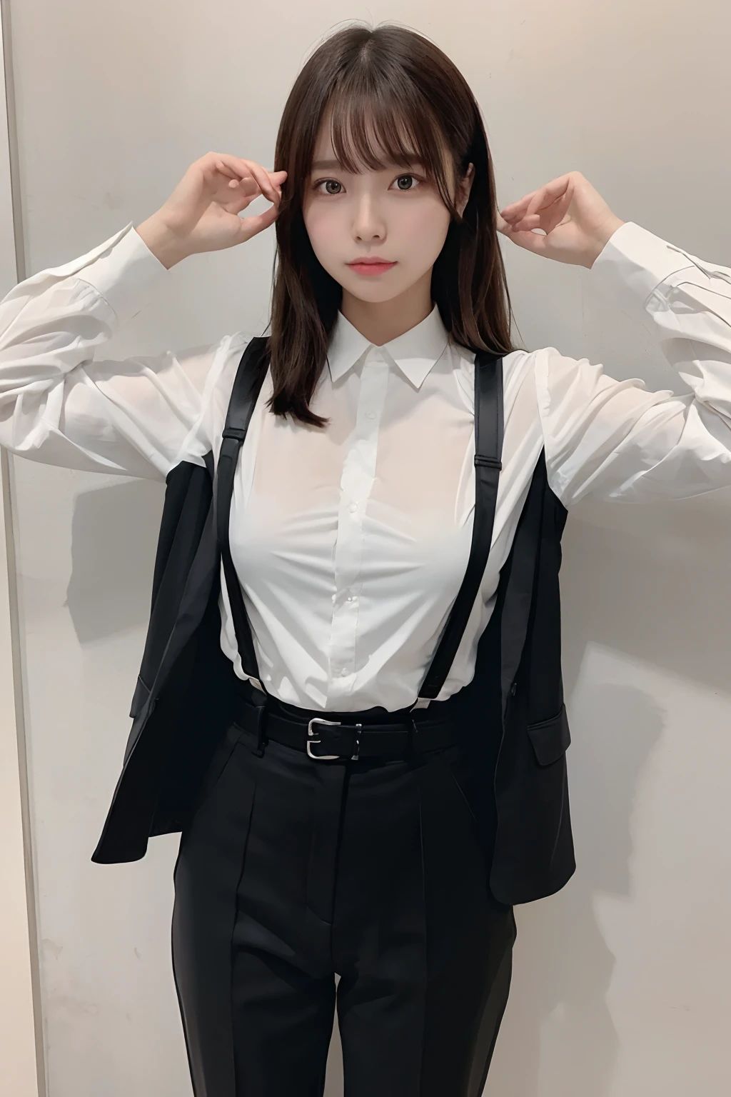 ​masterpiece、flat-colors、depth of fields、lens flare 1 girl、、Brown hair、watching at viewers　　　　a belt　black suspenders　Social OL　　　Too large breasts　　　 　 Armpit sweat　perspiring　Side of both hands　　walls: Black Suit　Black pants, Black jacket