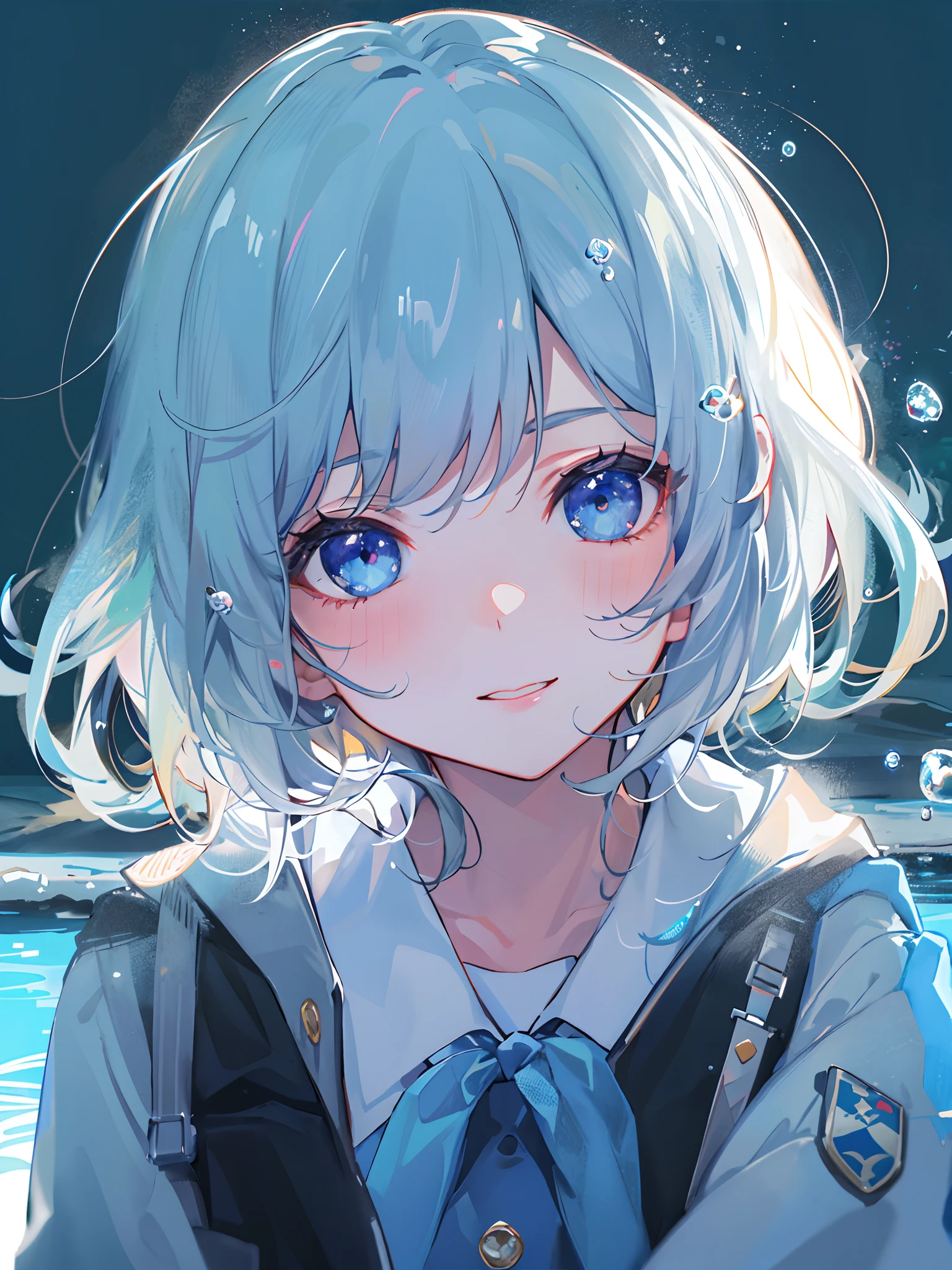 ((top-quality)), ((masterpiece)), ((ultra-detailliert)), (Extremely delicate and beautiful), girl with, 独奏, cold attitude,((Black jacket)),She is very(relax)with the(Settled down)Looks,A dark-haired, depth of fields,Evil smile,Bubble, under the water, Air bubble,bright light blue eyes,inner color with bright gray hair and light blue tips,,,,,,,,,,Cold background,Bob Hair - Linear Art, a miniskirt、knee high socks、White uniform like school uniform、Light blue ribbon ties、Clothes are sheer、Hands in pockets、Bright eyes like sapphire,Fronllesse Blue, A small blue light was floating、Upper Eyes、thighs thighs thighs thighs