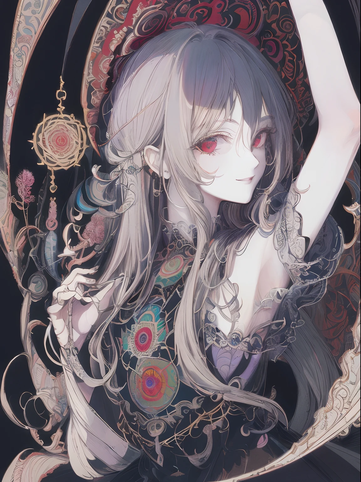​masterpiece: 1.7, top-quality、(Highly detailed CG、ultra-detailliert、Best Shadow:1.1)、Painterly、sketch、the witch、Black Dress、Dark hair、red eyes、Paper texture、超A high resolution、extra detailed face、flat-colors、Highly detailed eyes、extra detailed face、extra detailed face、realisitic、limited pallete、Low contrast、The best lighting、Beautuful Women、lite smile、blanche:1.6、(Zentangle、a Mandala、Tangle、Entangle:1.1)