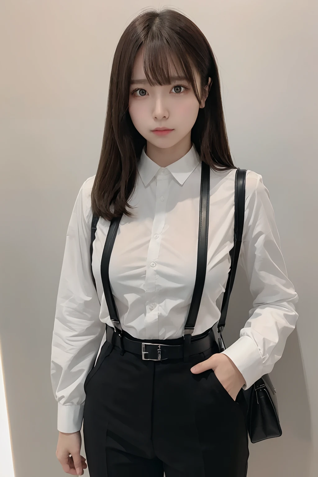 masterpiece、flat-colors、depth of fields、lens flare 1 girl、、Brown hair、watching at viewers a belt black suspenders Social OL Too large breasts Armpit sweat perspiring Side of both hands walls: Black Suit Black pants, Black jacket