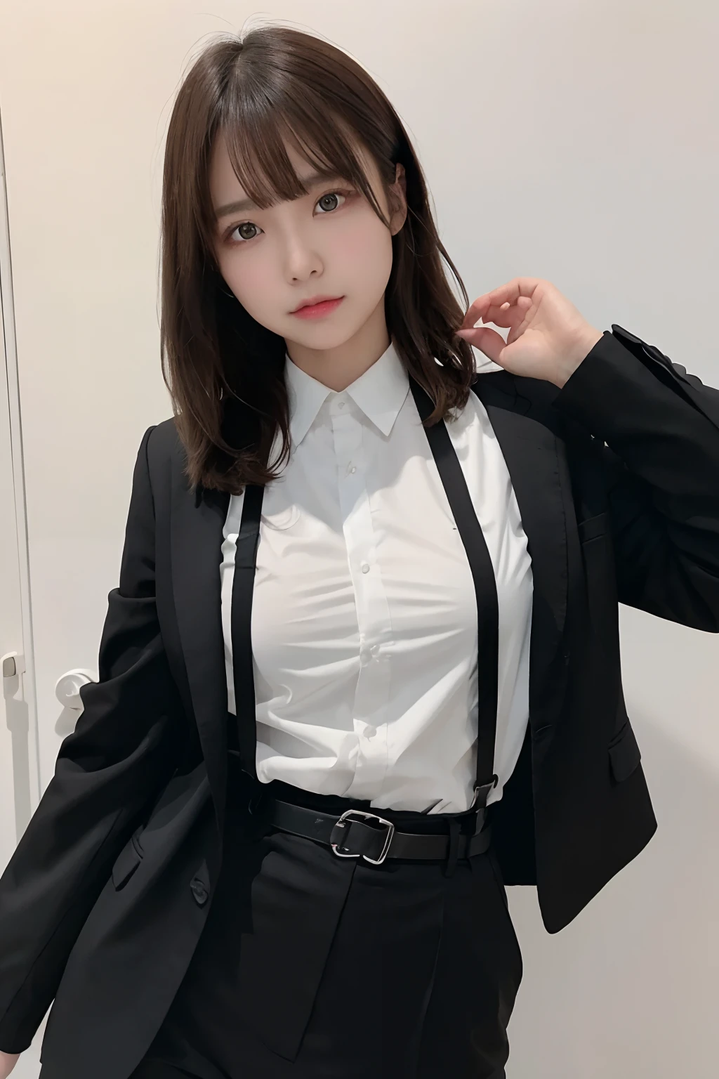 masterpiece、flat-colors、depth of fields、lens flare 1 girl、、Brown hair、watching at viewers a belt black suspenders Social OL Too large breasts Armpit sweat perspiring Side of both hands walls: Black Suit Black pants, Black jacket