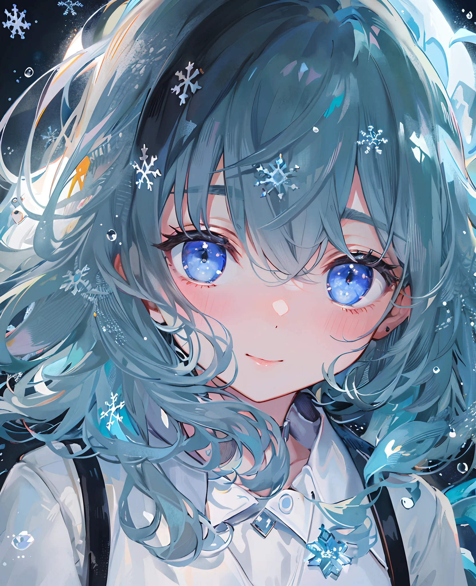 ((top-quality)), ((masterpiece)), ((ultra-detailliert)), (Extremely delicate and beautiful), girl with, 独奏, cold attitude,((Black jacket)),She is very(relax)with the(Settled down)Looks,A dark-haired, depth of fields,Evil smile,Bubble, under the water, Air bubble,bright light blue eyes,inner color with bright gray hair and light blue tips,,,,,,,,,,,,,,Cold background,Bob Hair - Linear Art, shortpants、knee high socks、White uniform like school uniform、Light blue ribbon ties、Clothes are sheer、Hands in pockets、Bright eyes like sapphire,Fronllesse Blue, A small blue light was floating、Upper Eyes、glass shards、Snowflake Hair Ornament