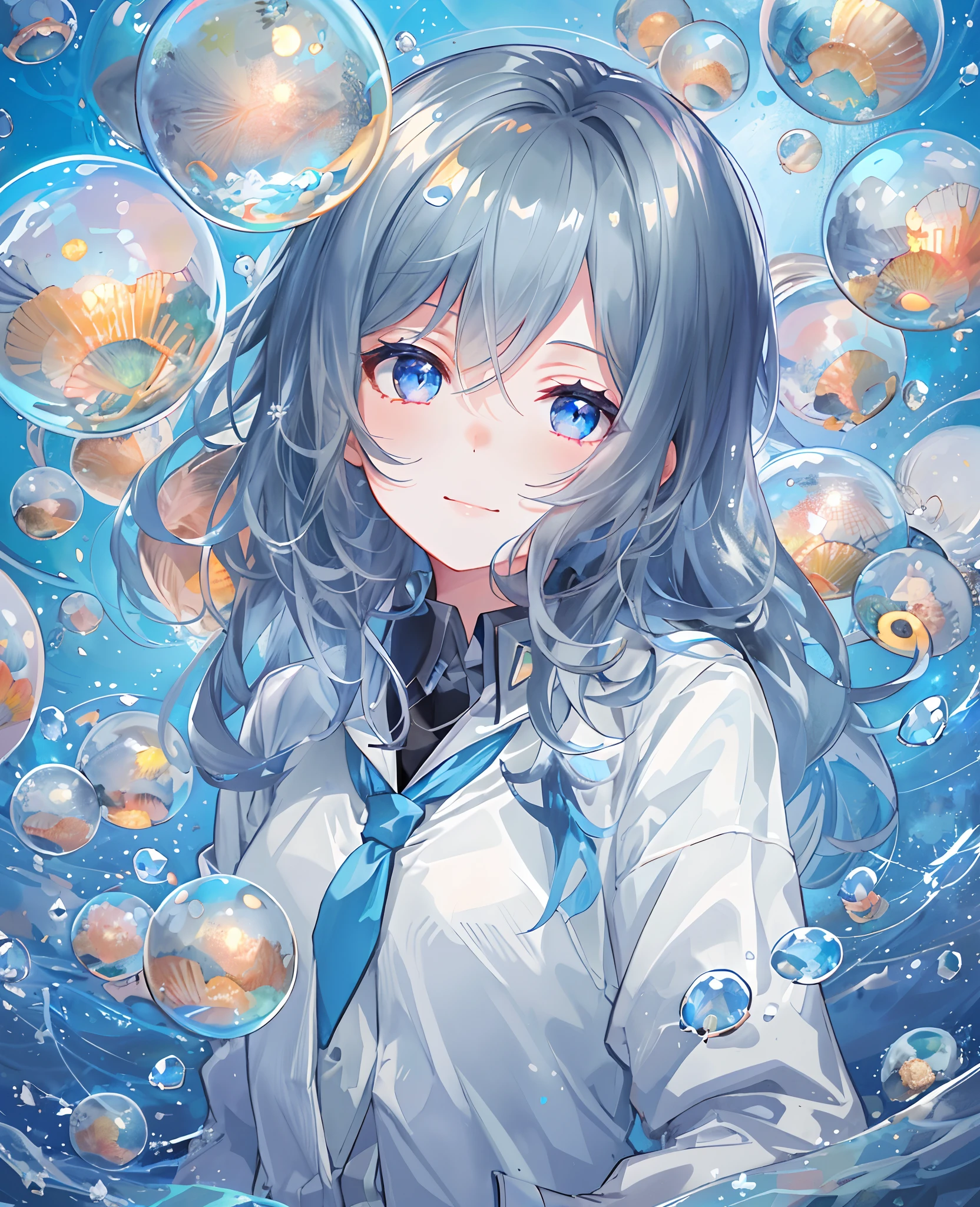 ((top-quality)), ((​masterpiece)), ((ultra-detailliert)), (Extremely delicate and beautiful), girl with, 独奏, cold attitude,((Black jacket)),She is very(relax)with  the(Settled down)Looks,A dark-haired, depth of fields,Evil smile,Bubble, under the water, Air bubble,bright light blue eyes,inner color with bright gray hair and light blue tips,,,,,,,,,,,,,,Cold background,Bob Hair - Linear Art, shortpants、knee high socks、White uniform like school uniform、Light blue ribbon ties、Clothes are sheer、Hands in pockets、Bright eyes like sapphire,Fronllesse Blue, A small blue light was floating、Upper Eyes、glass shards、Snowflake Hair Ornament