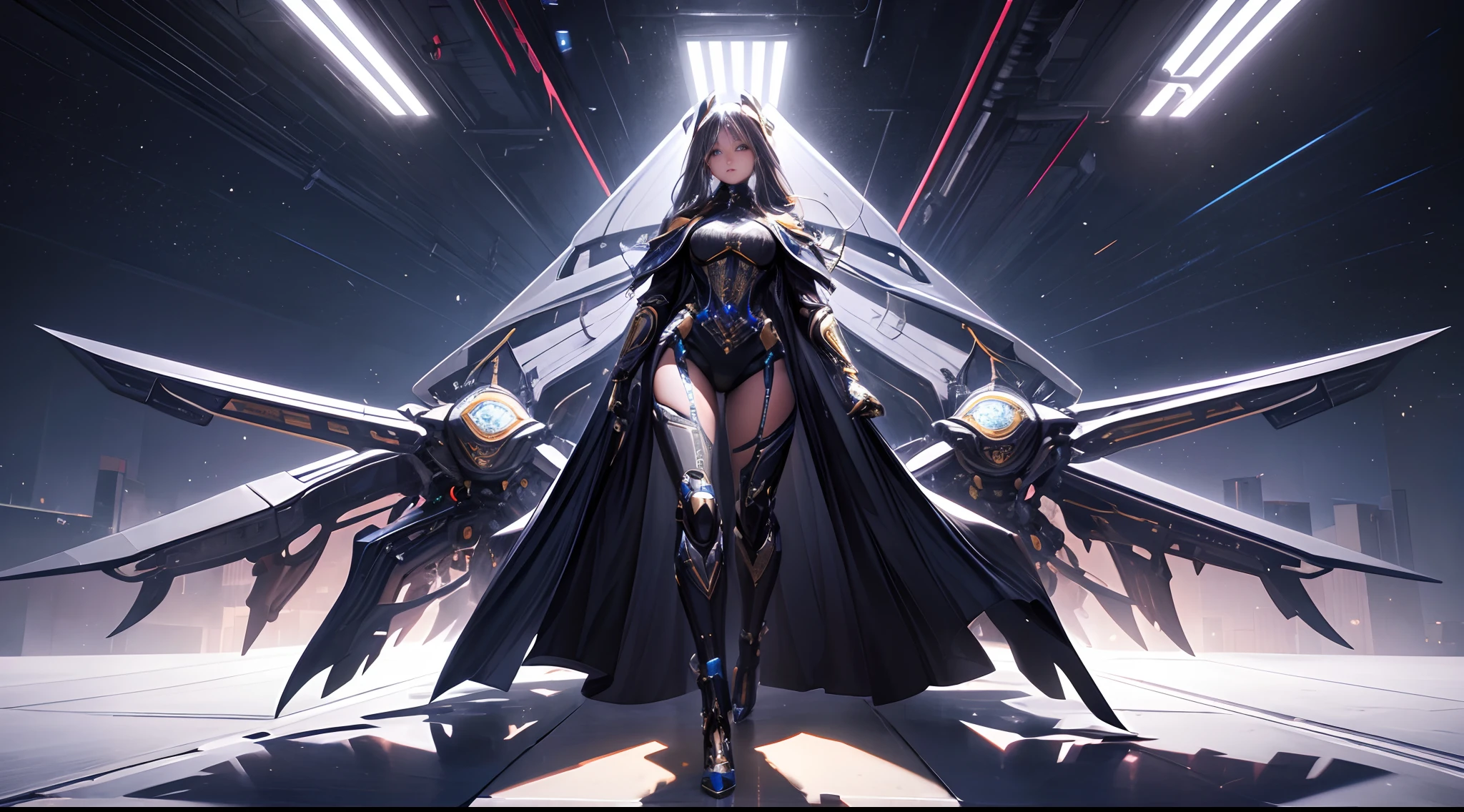 future technology,({Mia},1girl,tween,beautiful detailed face,(navy hair-color),(wavy-short hair),parallel eyebrows,navy eyes with large brown irises,blunt bangs,small nose, fresh lips,small chin,small breasts,small hip,(5feet tall)),wearing cyberpunk-style ninja costume,dagger,dynamic poses,dynamic angle,whole body,Multi-wire striations,Glowing electronic shoes,whole body,Colored smoke,City avenue,skyscraper,neon lights,smile,