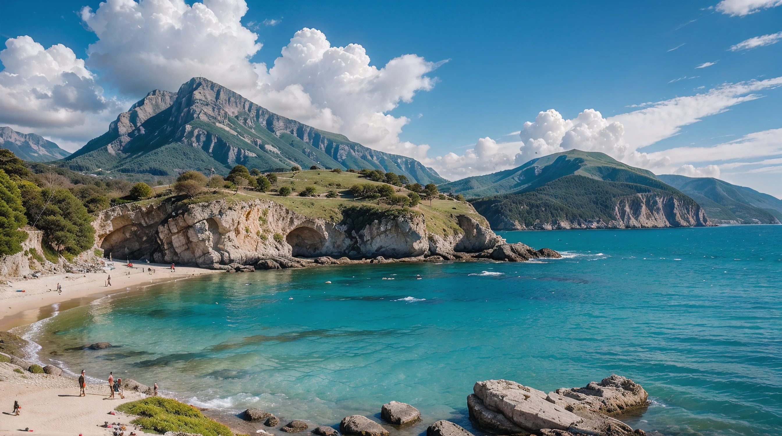 create a picture having a sea, moutain, rock, tree and bright color