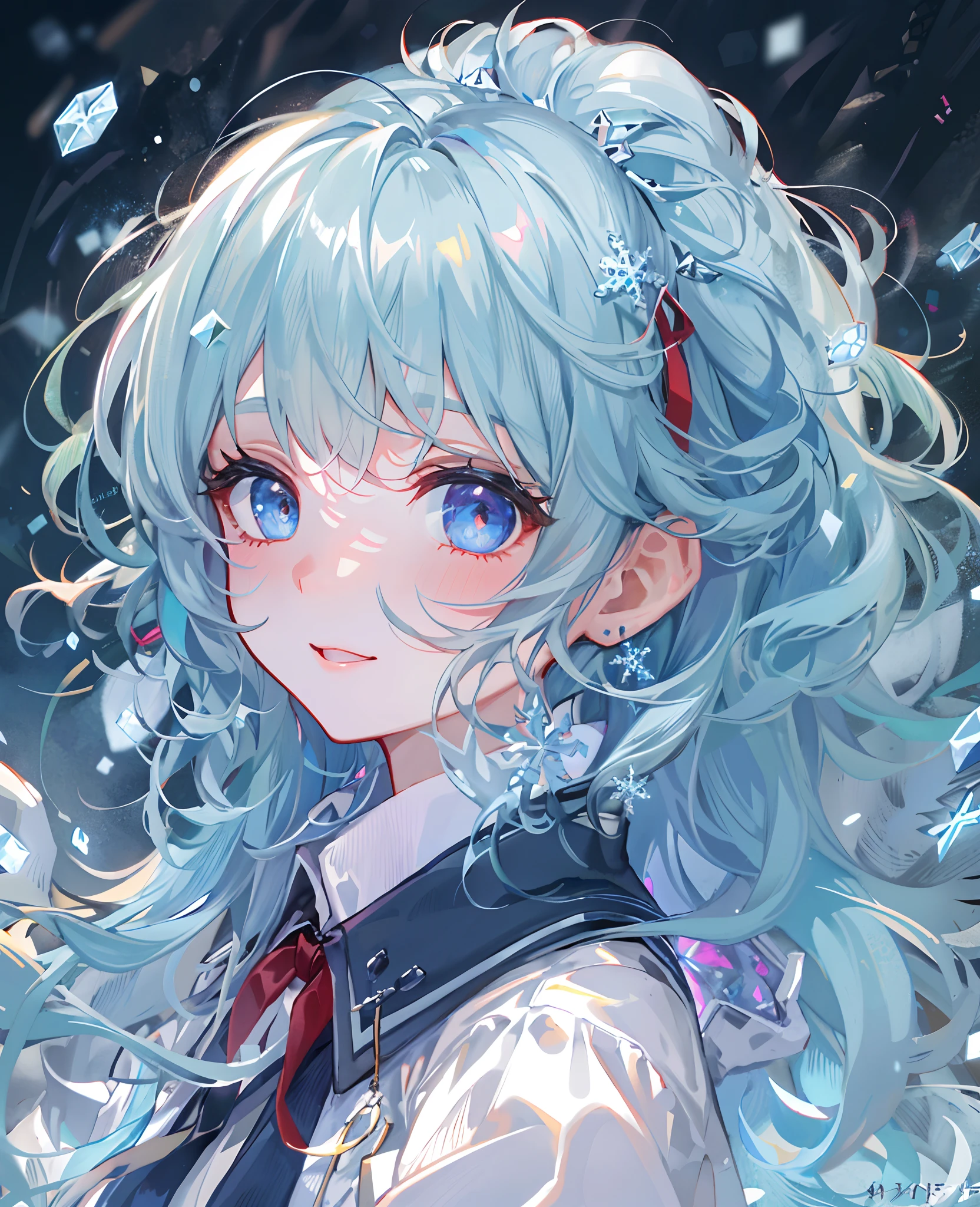 ((top-quality)), ((masterpiece)), ((ultra-detailliert)), (Extremely delicate and beautiful), girl with, 独奏, cold attitude,((Black jacket)),She is very(relax)with the(Settled down)Looks,A dark-haired, depth of fields,Evil smile,Bubble, under the water, Air bubble,bright light blue eyes,inner color with bright gray hair and light blue tips,,,,,,,,,,,,,Cold background,Bob Hair - Linear Art, shortpants、knee high socks、White uniform like school uniform、Light blue ribbon ties、Clothes are sheer、Hands in pockets、Bright eyes like sapphire,Fronllesse Blue, A small blue light was floating、Upper Eyes、glass shards、Snowflake Hair Ornament