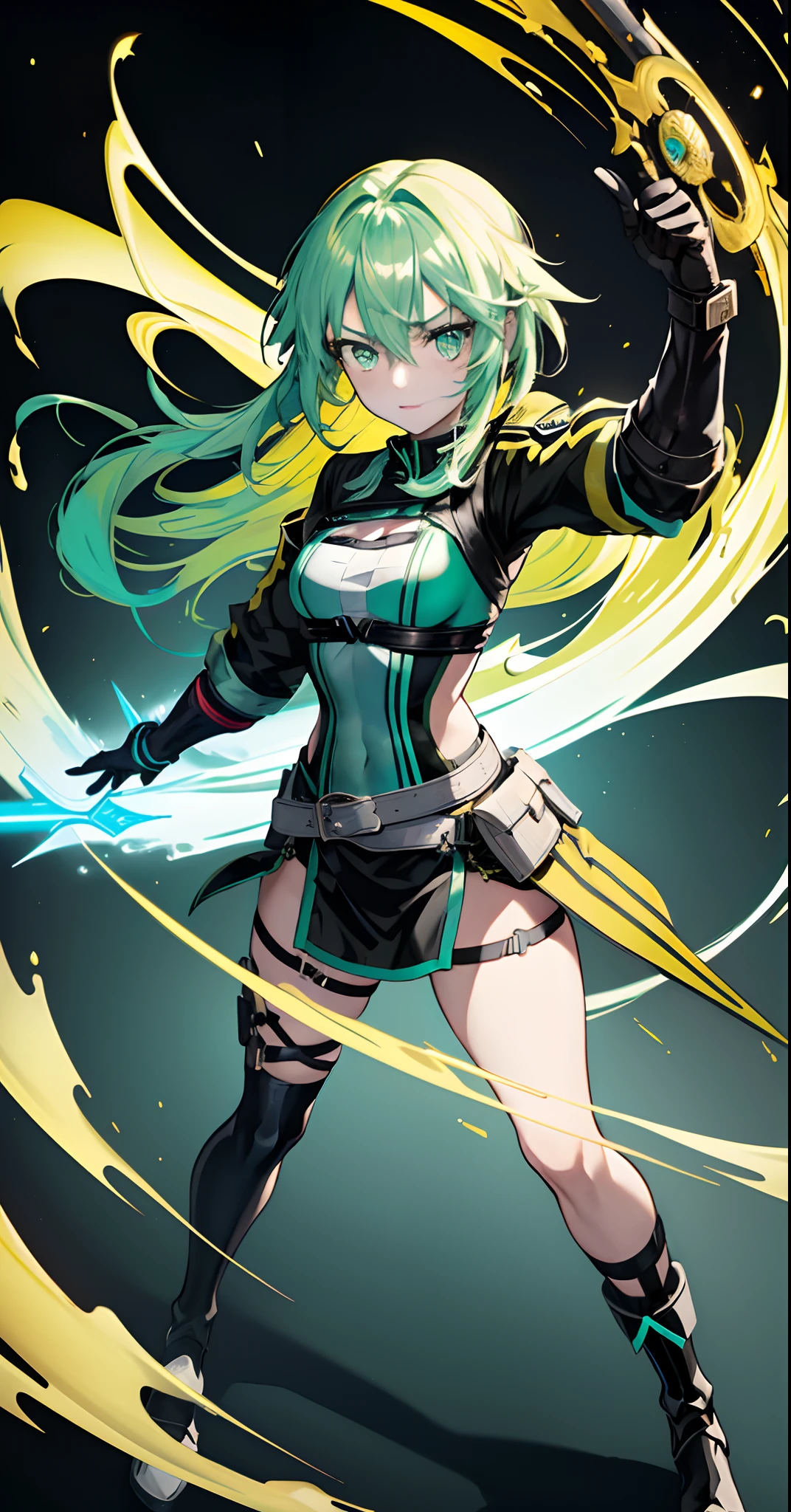 (beste-Qualit, tmasterpiece), 1girl, Sinon Asada from Masters of the sword Onlinein the style of a Mortal Kombat character Full Body with Yellow Hair and Eyes 4k