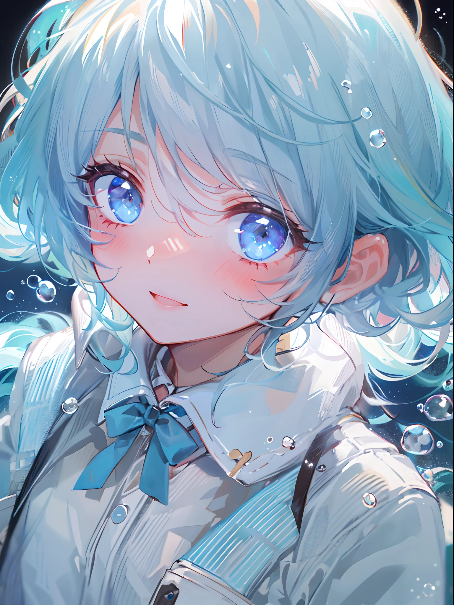 ((top-quality)), ((masterpiece)), ((ultra-detailliert)), (Extremely delicate and beautiful), girl with, 独奏, cold attitude,((Black jacket)),She is very(relax)with the(Settled down)Looks,A dark-haired, depth of fields,Evil smile,Bubble, under the water, Air bubble,bright light blue eyes,inner color with bright gray hair and light blue tips,,,,,,,Cold background,Bob Hair - Linear Art, shortpants、knee high socks、White uniform like school uniform、Light blue ribbon ties、Clothes are sheer、Hands in pockets、Bright eyes like sapphire,Fronllesse Blue, A small blue light was floating、Upper Eyes、foodie