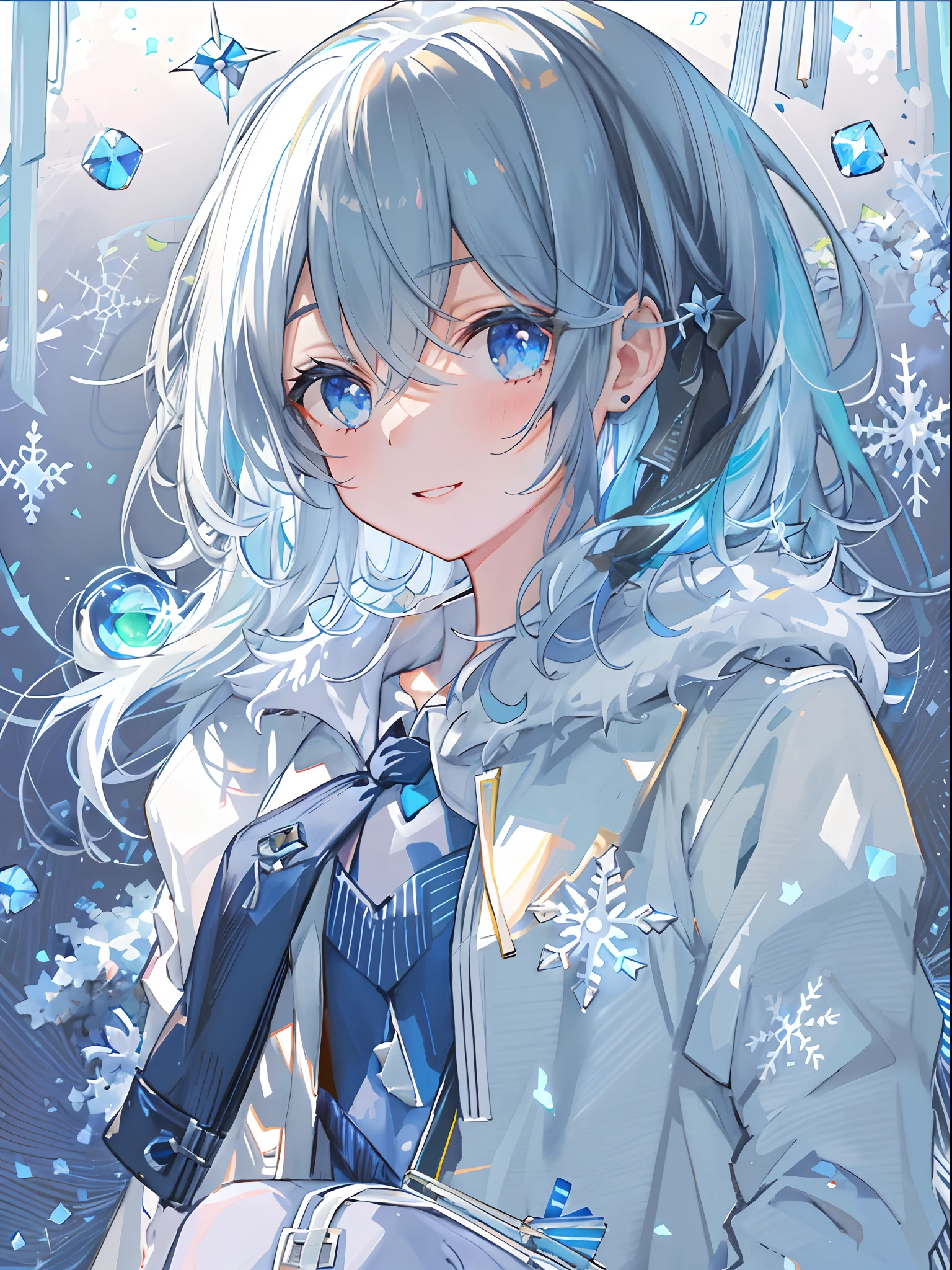 ((top-quality)), ((masterpiece)), ((ultra-detailliert)), (Extremely delicate and beautiful), girl with, 独奏, cold attitude,((Black jacket)),She is very(relax)with the(Settled down)Looks,A dark-haired, depth of fields,Evil smile,Bubble, under the water, Air bubble,bright light blue eyes,inner color with bright gray hair and light blue tips,,,,,,,,,,,,,,Cold background,Bob Hair - Linear Art, shortpants、knee high socks、White uniform like school uniform、Light blue ribbon ties、Clothes are sheer、Hands in pockets、Bright eyes like sapphire,Fronllesse Blue, A small blue light was floating、Upper Eyes、glass shards、Snowflake Hair Ornament