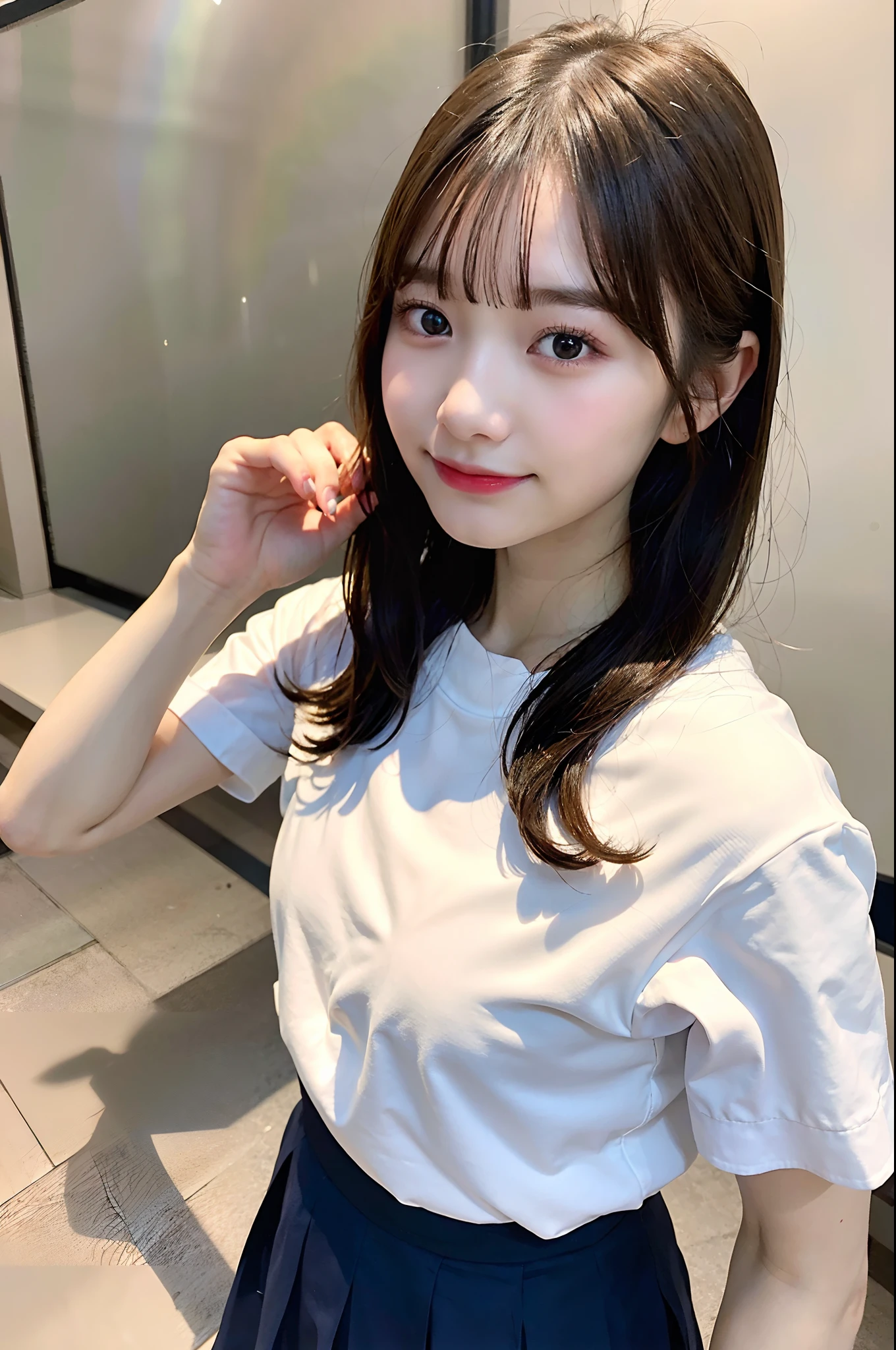 ((top-quality、in 8K、masterpies:1.3))、1girl in、Beautiful woman with slim abs accent:1.3、Super Detail Face、Delicat eyes、二重まぶた、full body Esbian、poneyTail、20yr old、Brown hair、summer clothing、skirt by the、is standing、Holding a bag、A smile、Putting out teeth、ln the forest
