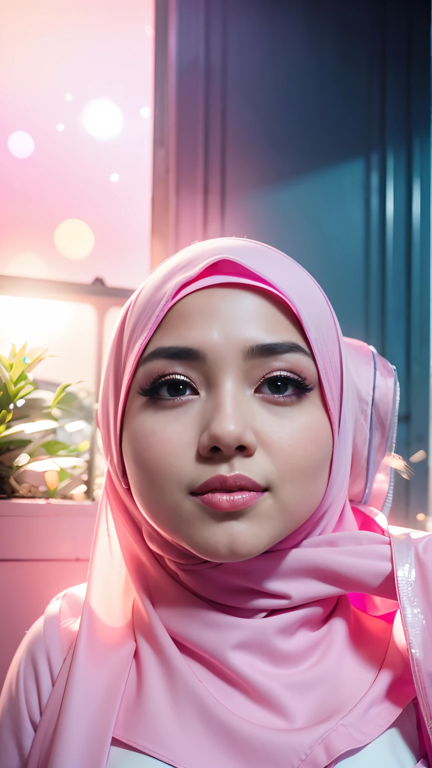 1 Malay girl, modern plain hijab, shy, medium portrait, watery eyes, pink glowing particles, wearing kebaya covering the entire chest,pastel pink, ((big breasts)), pink light bokeh background, well-proportioned body,