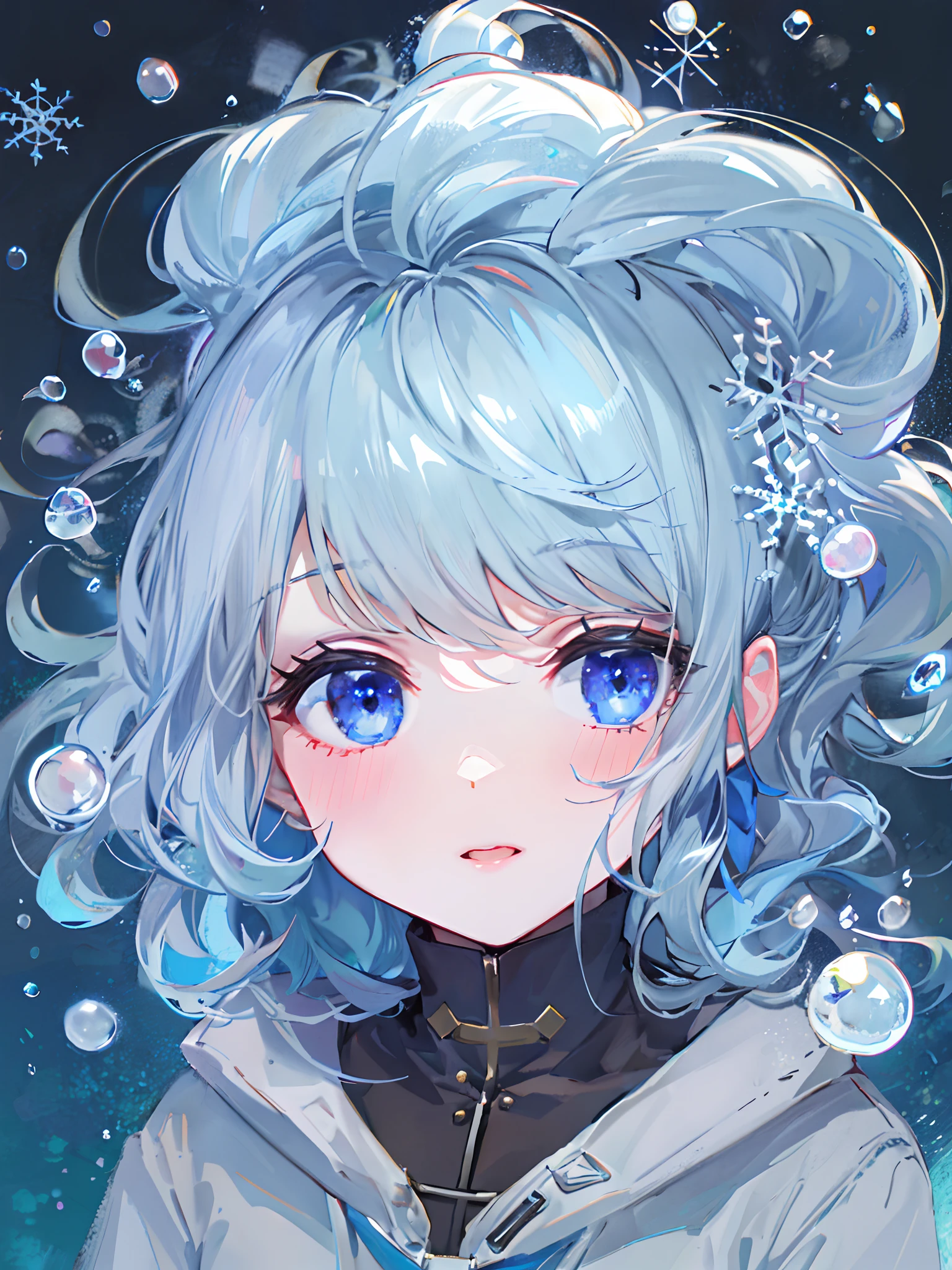 ((top-quality)), ((​masterpiece)), ((ultra-detailliert)), (Extremely delicate and beautiful), girl with, 独奏, cold attitude,((Black jacket)),She is very(relax)with  the(Settled down)Looks,A dark-haired, depth of fields,Evil smile,Bubble, under the water, Air bubble,bright light blue eyes,inner color with bright gray hair and light blue tips,,,,,,,,,,,,Cold background,Bob Hair - Linear Art, shortpants、knee high socks、White uniform like school uniform、Light blue ribbon ties、Clothes are sheer、Hands in pockets、Bright eyes like sapphire,Fronllesse Blue, A small blue light was floating、Upper Eyes、glass shards、Snowflake Hair Ornament