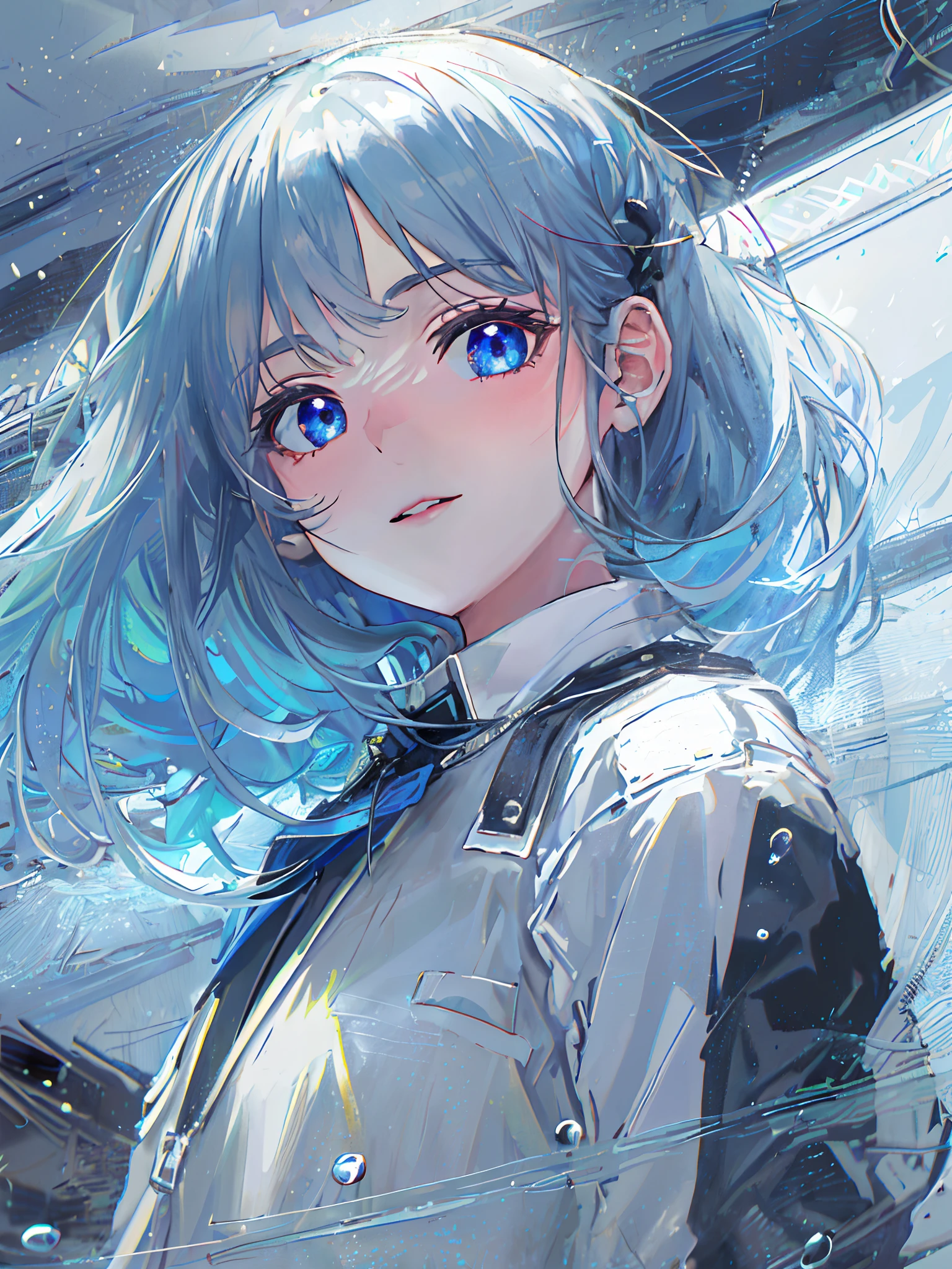 ((top-quality)), ((masterpiece)), ((ultra-detailliert)), (Extremely delicate and beautiful), girl with, 独奏, cold attitude,((Black jacket)),She is very(relax)with the(Settled down)Looks,A dark-haired, depth of fields,Evil smile,Bubble, under the water, Air bubble,bright light blue eyes,inner color with bright gray hair and light blue tips,,,,,Cold background,Bob Hair - Linear Art, shortpants、knee high socks、White uniform like school uniform、Light blue ribbon ties、Clothes are sheer、Hands in pockets、Bright eyes like sapphire,Fronllesse Blue, A small blue light was floating、Upper Eyes、foodie