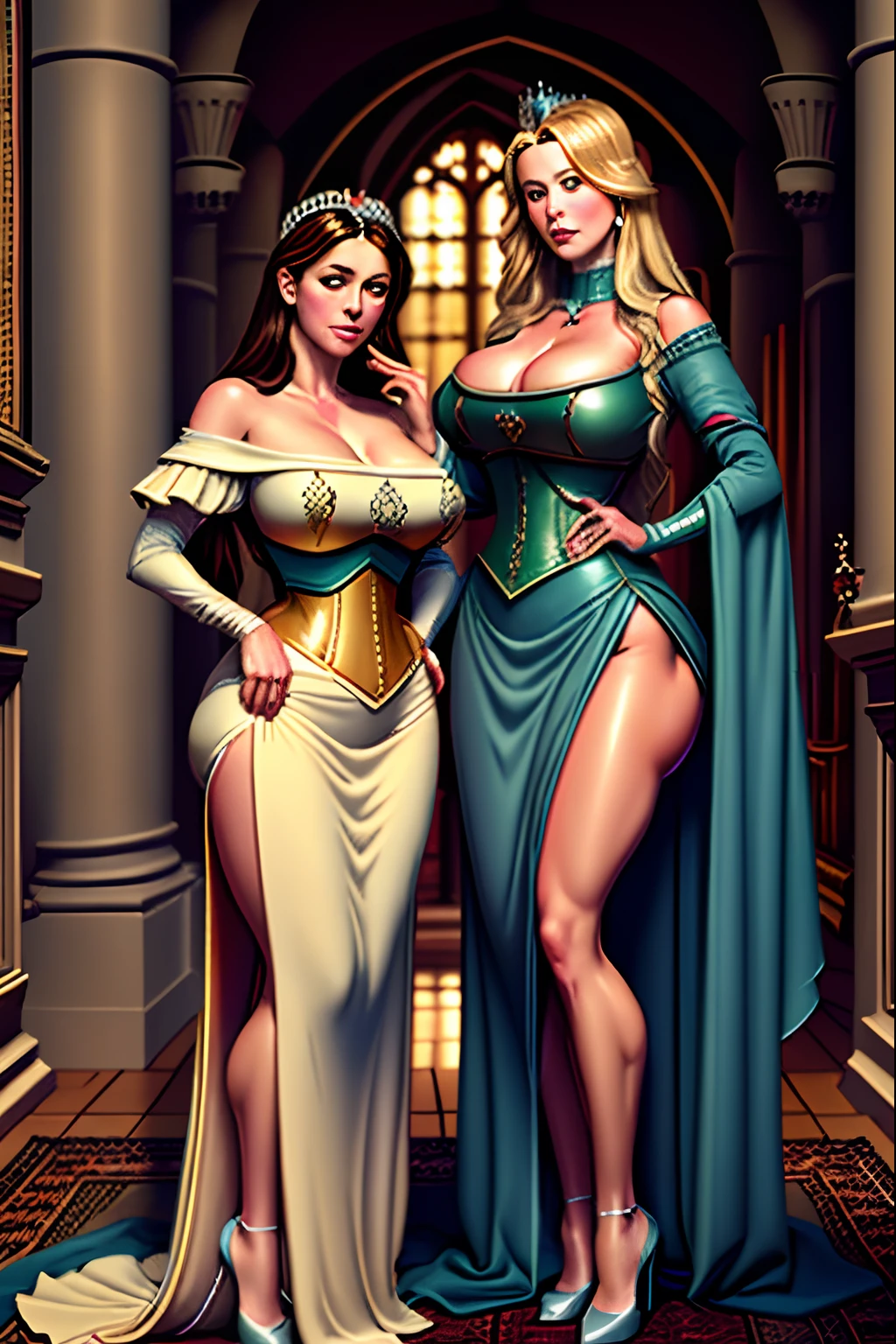 masterpiece, highest quality, (perfect face:1.1) , (high detail:1.1),realistic, masterpiece, best_quality, on the right royal hot thick mature face 40 year old medieval European queen, and her princess petite slim big ass youthful daughter on the left, medieval style