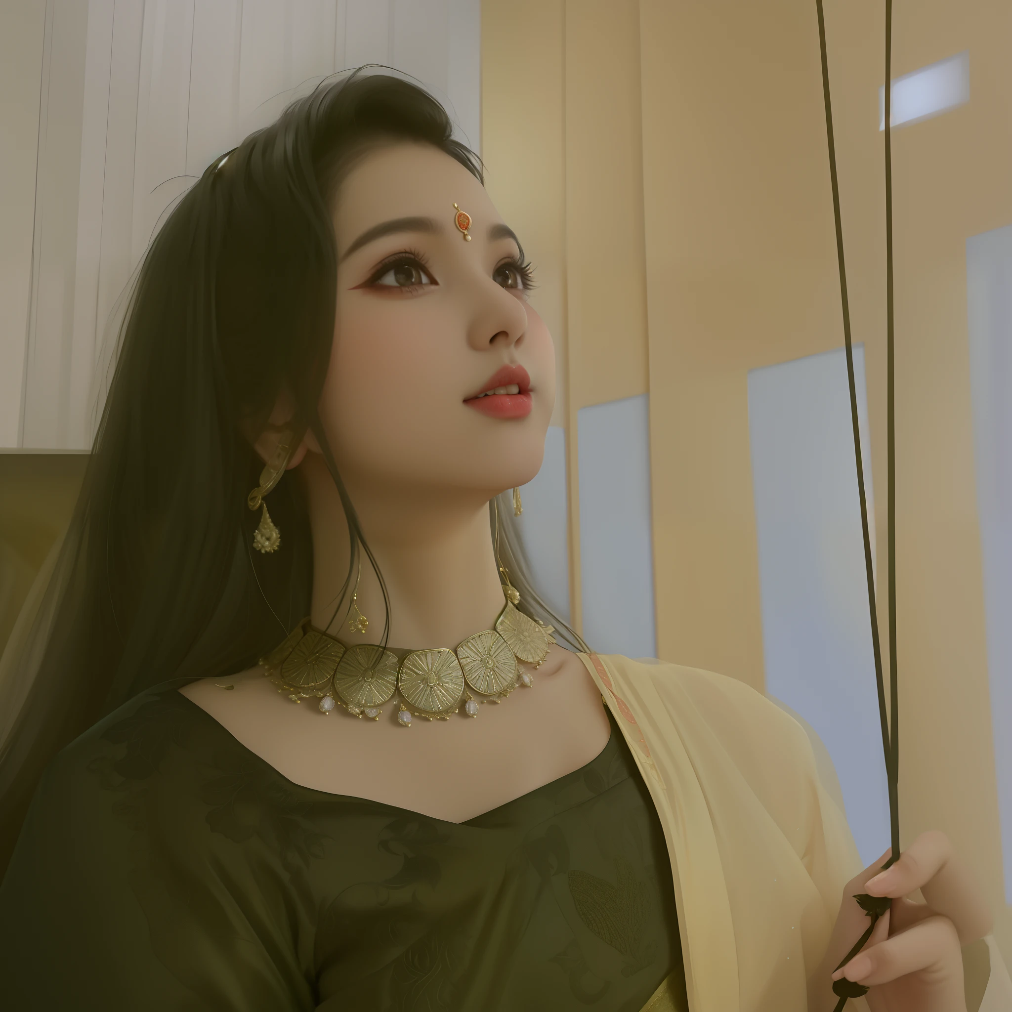 there is a woman that is looking up at something, wearing intricate black choker, assamese aesthetic, with lovely look, candid picture, candid photograph, candid photo, wearing bihu dress mekhela sador, inspired by T. K. Padmini, traditional beauty, wearing elegant jewellery, wearing an elegant tribal outfit, with professional makeup, at night time