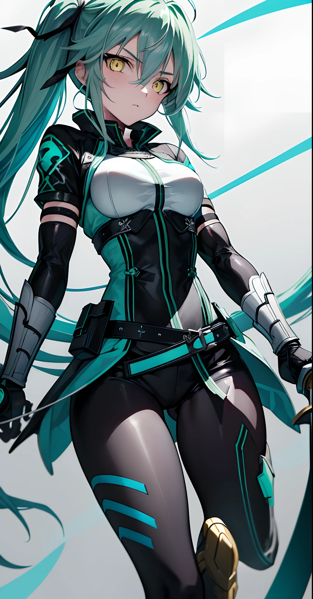 Young female with long black straight hair, side ponytail, female swordsman, turquoise fluorescent full-body tights, sci-fi armor, chest, cleavage, panties, tights, high-heeled shoes, apocalyptic ruined city