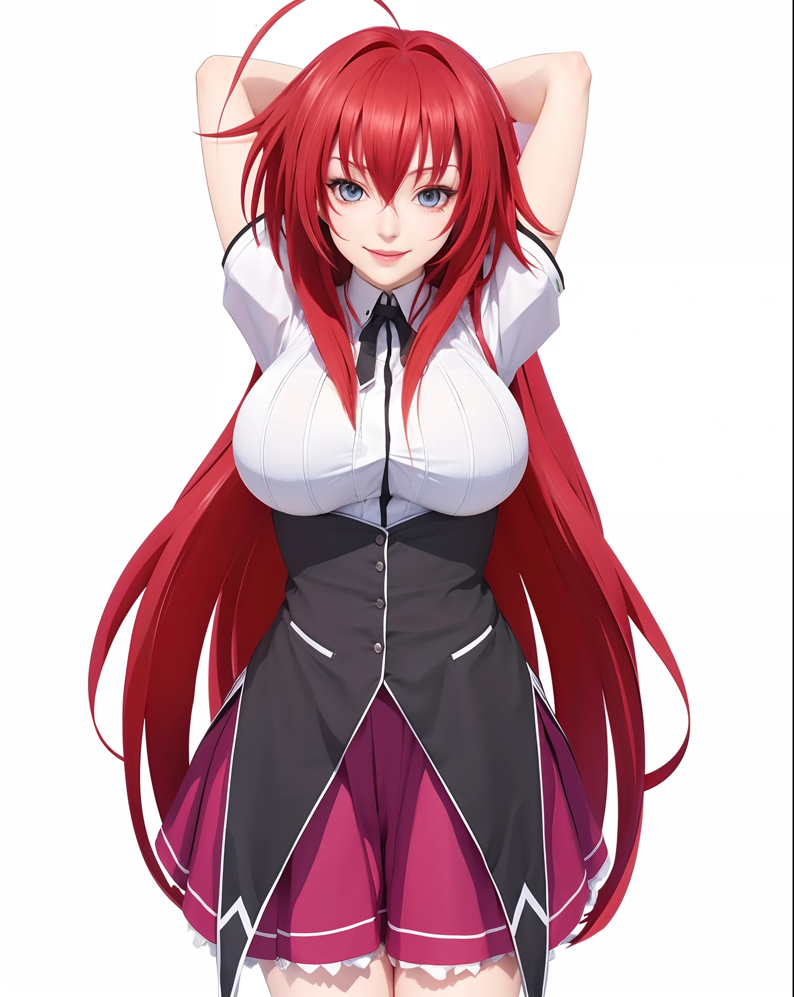 Rias gremory, red hair, long hair, ((big )), uniform, hands behind head, realistic, photorealistic, best quality, smile