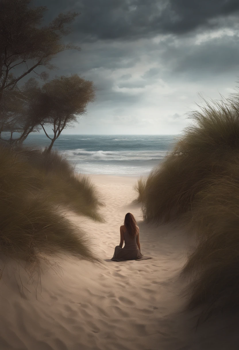 (masterpiece, best quality: 1.2), ultra detailed, cinematic lighting, HDR, illustration, landsape, 1girl, (soft colors), post-apocalyptic beach, the night, desolate atmosphere, girl sitting on the sand, covered vegetation, (overcast sky), waves crashing on the coast, (melancholic but hopeful), quiet moment of respite, (detailed textures), windswept hair, cloudy at night