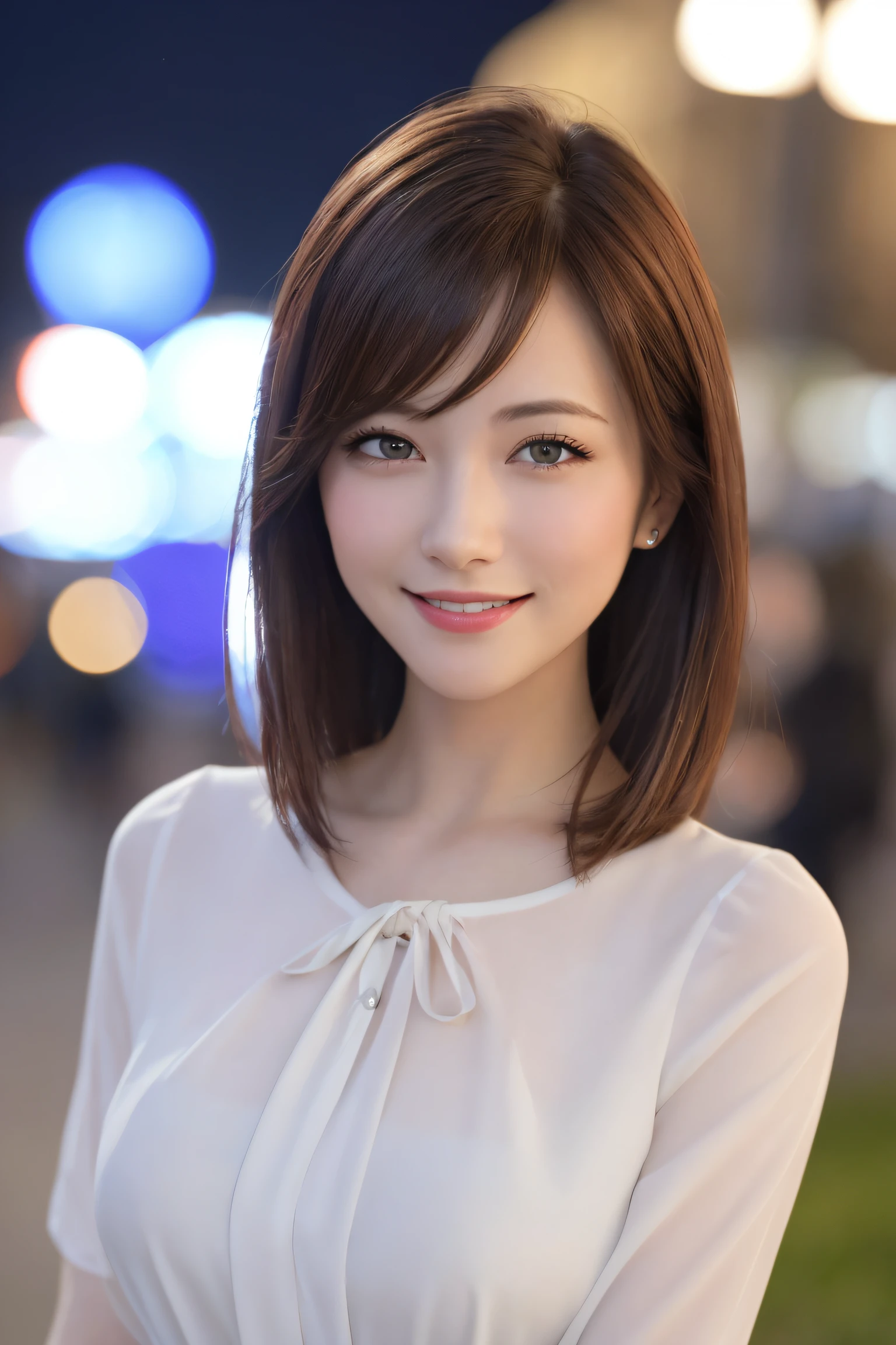 News announcer, a matural female, Best Quality, masutepiece:1.4, ultra-detailliert, photographrealistic:1.4, Hires, Detailed face, Blouse, Smile, Night, Outside, Blurry_light_Background,
