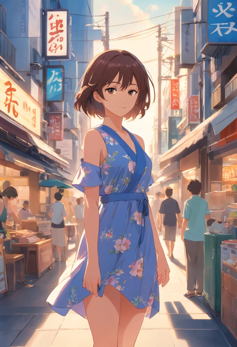 Assignment woman in busy clothes in Tokyo、Posing for camera summer dress at noon