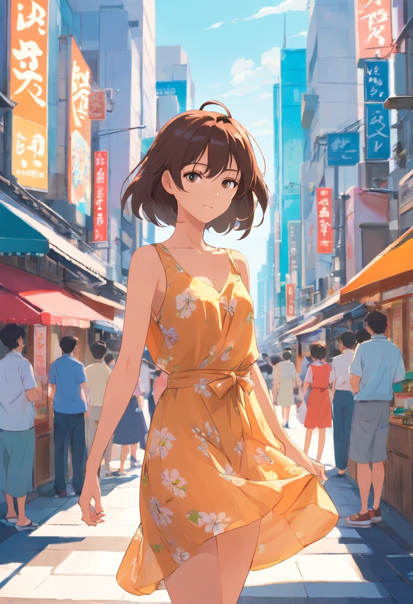 Assignment woman in busy clothes in Tokyo、Posing for camera summer dress at noon