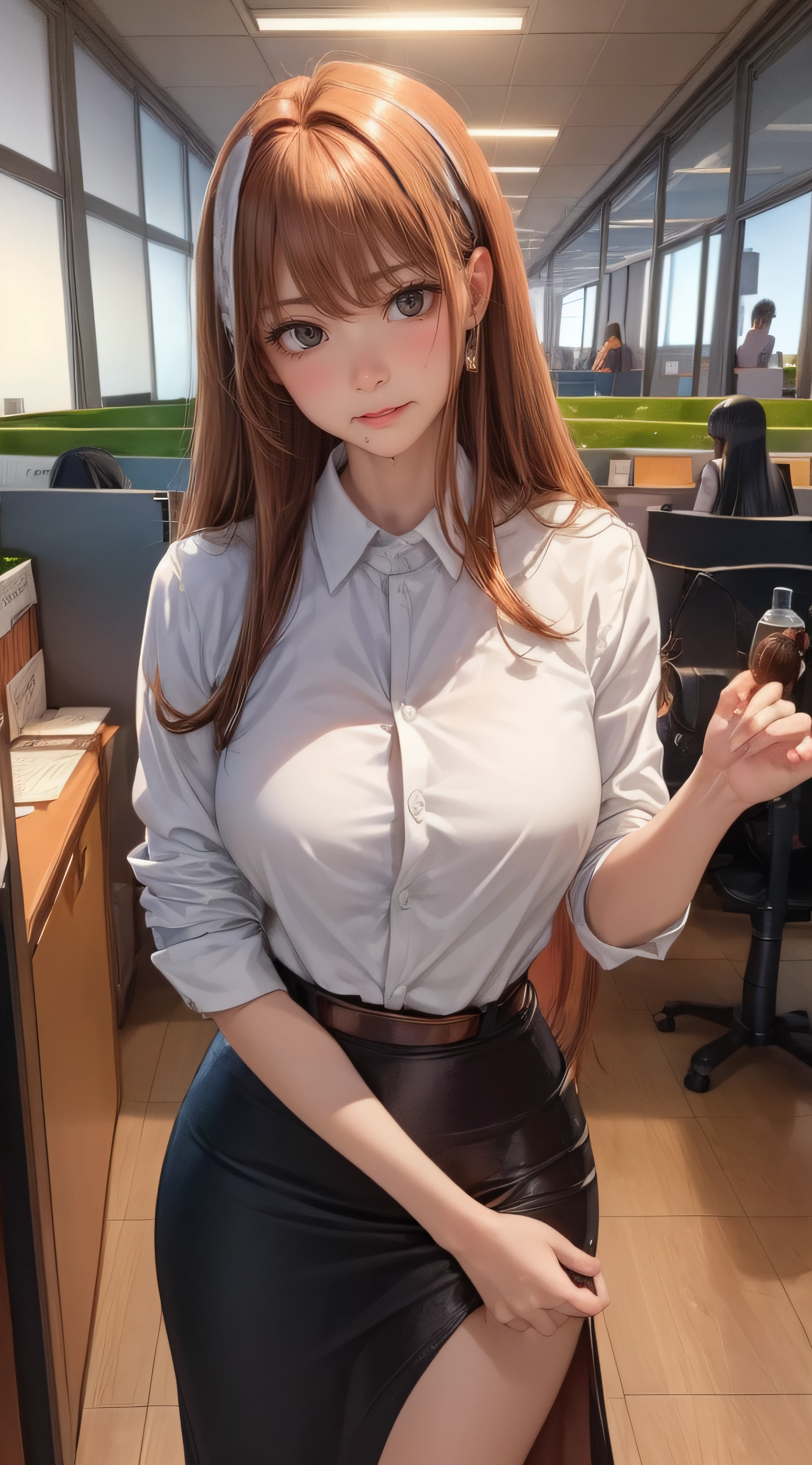 ((looking at viewer:1.5)),((1girl:1.5),curvy,petite,beautiful breasts,large breasts,pale skin,(erect nipples)),((long hair),(thin hair:1.8),(straight hair:1.5),(Swept bangs:1.5),(extra light coppery amber hair:1.5),(hair over one eye:1.2)),((realistic),8k,ultra HD,high resolution,best quality,masterpiece,(Sense of presence:1.5),(Dynamic:1.5),(bold:1.5)),((clothed:1.5),(office lady:1.5))