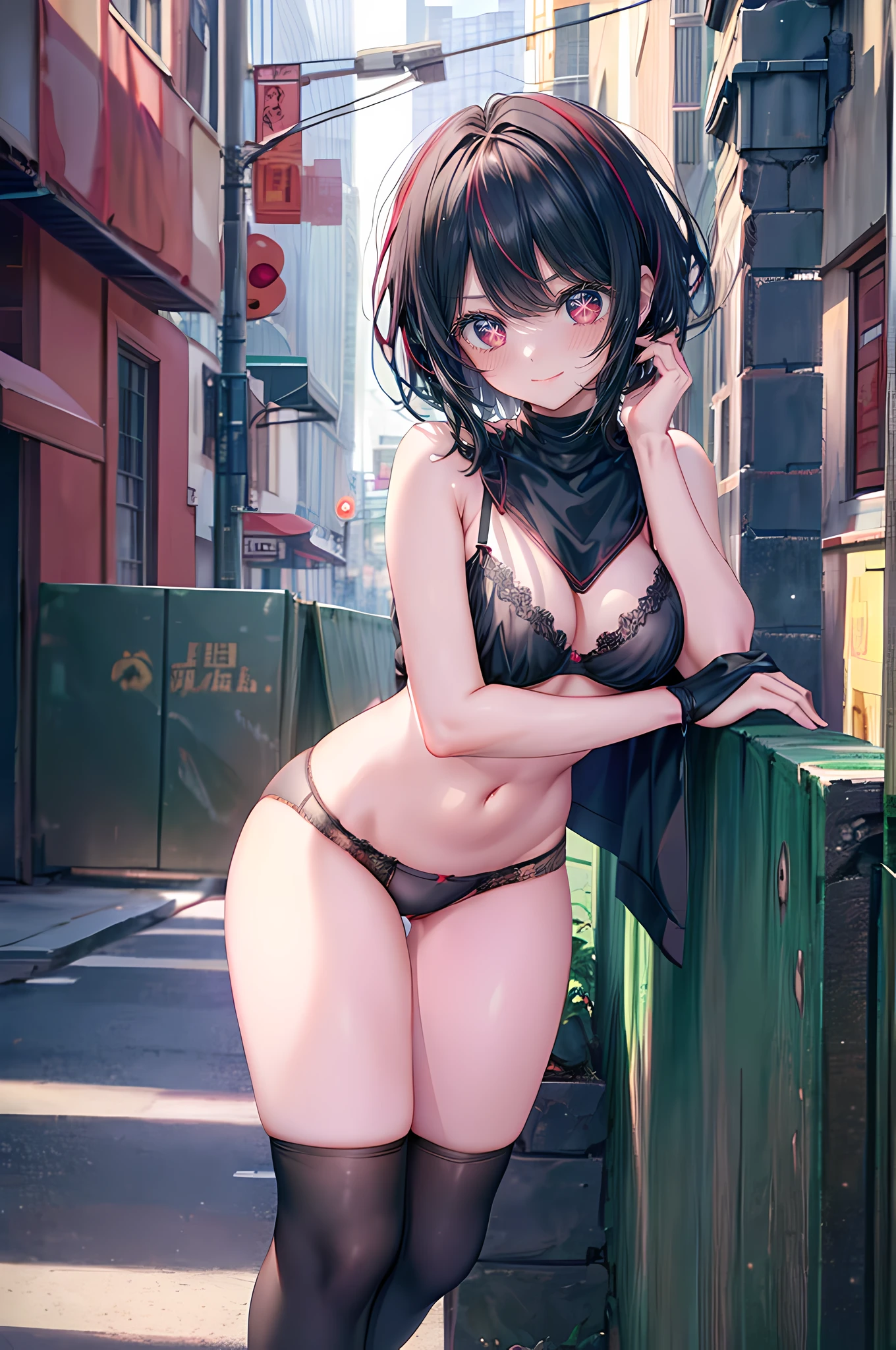 Beautiful young girl looking at the viewer,1girl,short black hair, beautiful dark red star eyes,sexy black bra, sexy black panties,sexy long socks,sexy thighs,sexy pose,shy,blushing,smile,city,anime,masterpiece,8k,very high quality,ting pose