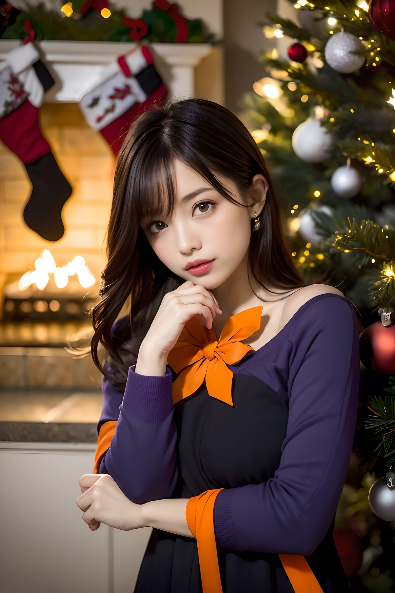 (8K, Raw photo, Best Quality, masutepiece:1.2), (Christmas Scene:1.5) Illuminated by a unique palette, Dominant Shade (Black:1.7), Bright pop of (orange:1.6), And the mysterious undertone (Purple:1.6). Silhouette of a pine tree against the background of a deep twilight sky, Orange light flickers on the branches. (Purple snowflakes fall gently:1.3), Gifts wrapped in a blend of these colors under the tree, Add a festive twist to a traditional holiday.