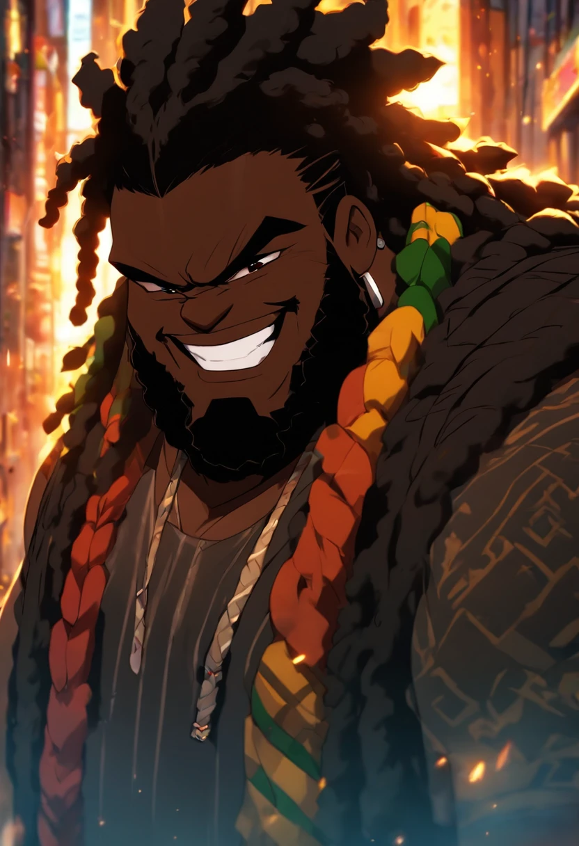 chubby black man, black man, standing in city, dark black Rasta hair, medium length dread locs, brown eyes, happy grin, wearing black, fluffy beard, brown shining eyes, very dark black skin, fat man,