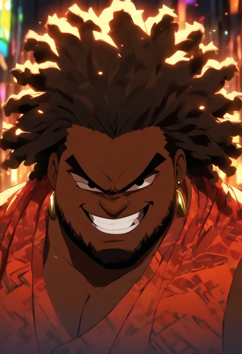 chubby black man, black man, standing in city, dark black Rasta hair, medium length dread locs, brown eyes, happy grin, wearing black, fluffy beard, brown shining eyes, very dark black skin, fat man,
