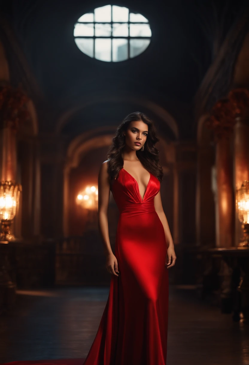 of the highest quality, masutepiece, Ultra high definition, (Photorealistic: 1.4), Raw photo, 1 girl, Dark hair, Glossy skin, Dramatic Lighting, Full body,, Red dress, Colossal
