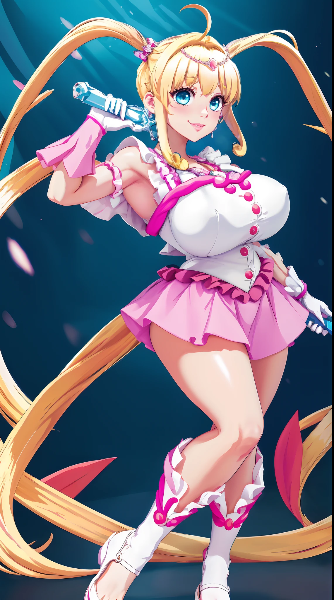 masterpiece, best quality, highres, hmnl, hmnl, twintails, tiara, blue eyes, idol, dress, gloves,(best quality, high-res, masterpiece:1.2), ultra-detailed,1.37, portraits, vivid colors, studio lighting, sharp focus, physically-based rendering, long hair, blue eyes, beautiful detailed eyes, beautiful detailed lips, twintails, tiara, ahoge, hair ornament, idol, dress, gloves, standing, smile, huge breast, curvy, staff, long skirt, standing, full body, flipflops, larges skirt, long skirt, refsheet