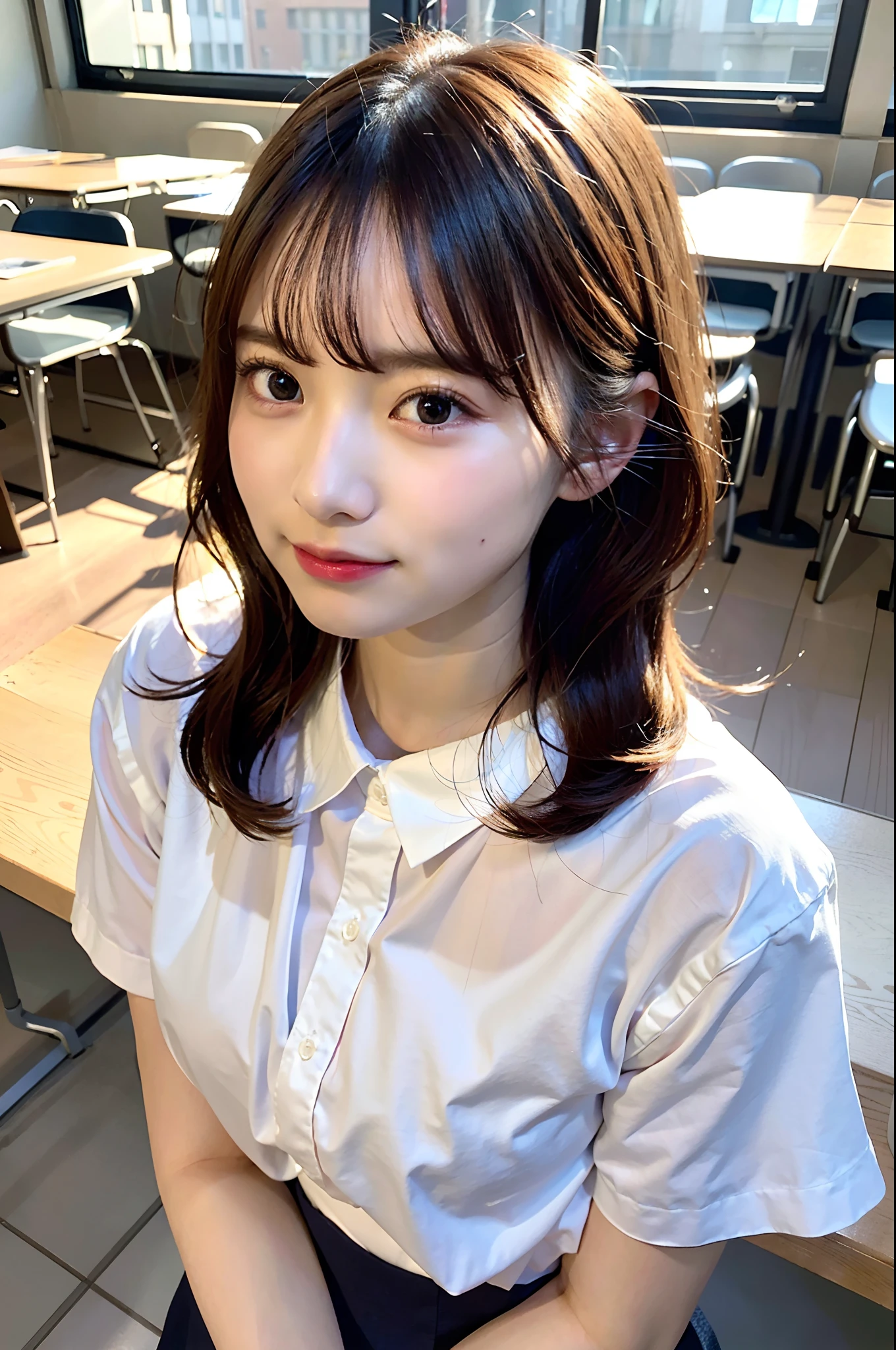 (top-quality、8K、32K、masuter piece、nffsw:1.2)、profile、(slim figure:1.2)、(s lips) 、二重まぶた、shinny skin、Realistic rays、mare、beauitful face、(Light smile:1.3)、(short-hair:1.4)、blurry backround、(Front Focus)、(Dark: 1.6)、Fantasy Art、photoRealstic、Professional Lighting、extra detailed face、Award-winning、deep-shadows、school classrooms、hi-school girl、Pink High School Uniform