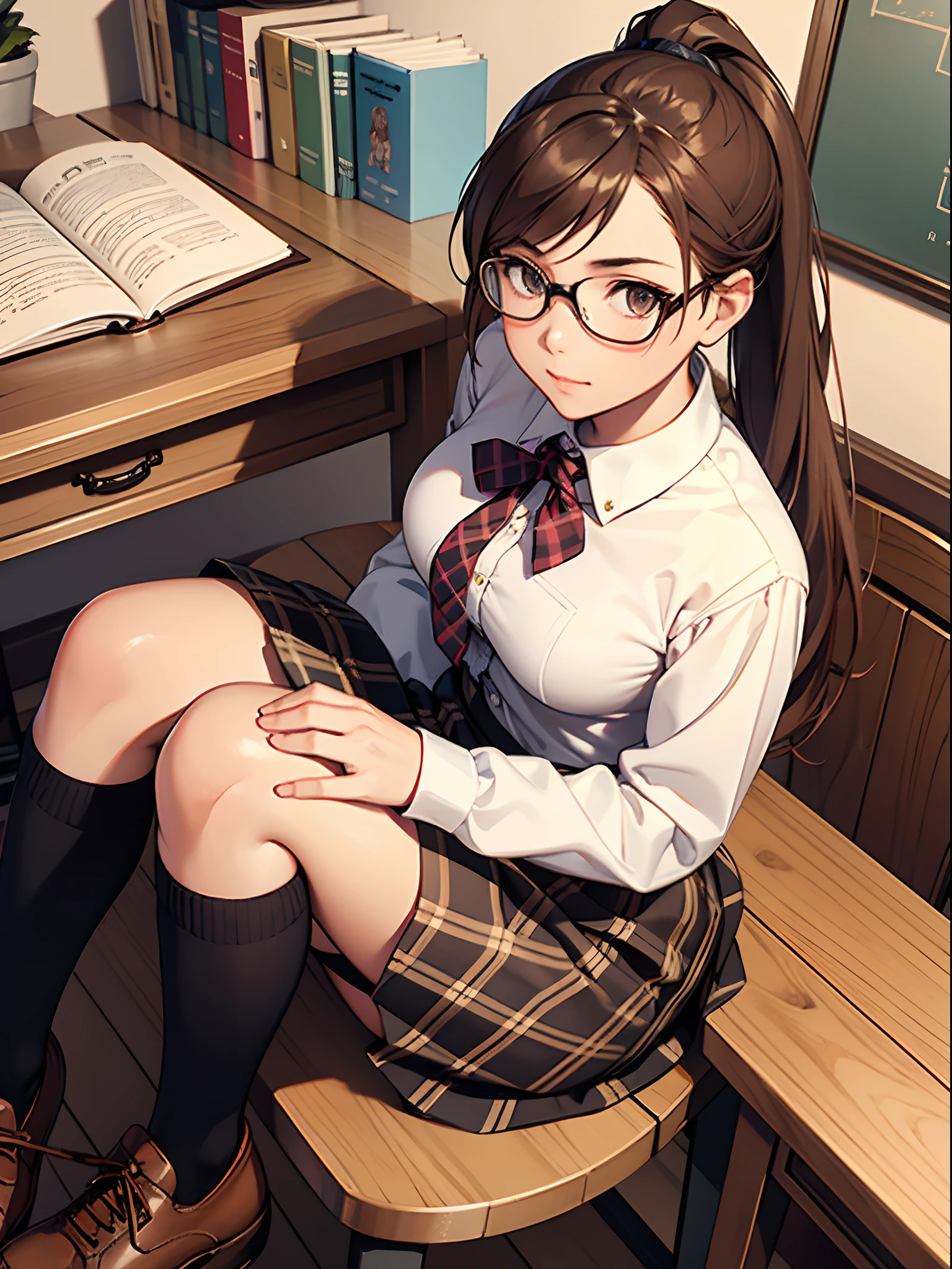 **************girl with long, chestnut brown hair, neatly tied in a ponytail, She wears a traditional school uniform with a white blouse, plaid skirt, knee-high socks, and black polished shoes, Her glasses add an intellectual charm to her appearance, and her bright, inquisitive eyes exude innocence, She's sitting at a wooden desk, surrounded by textbooks and notebooks, showcasing a diligent and studious demeanor